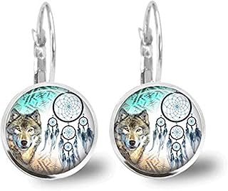 Brincos de azulejo, joias de lobo, brincos de apanhador de sonhos, joias de animais, joias de lobo, joias de latão, joias de prata, presente de amor