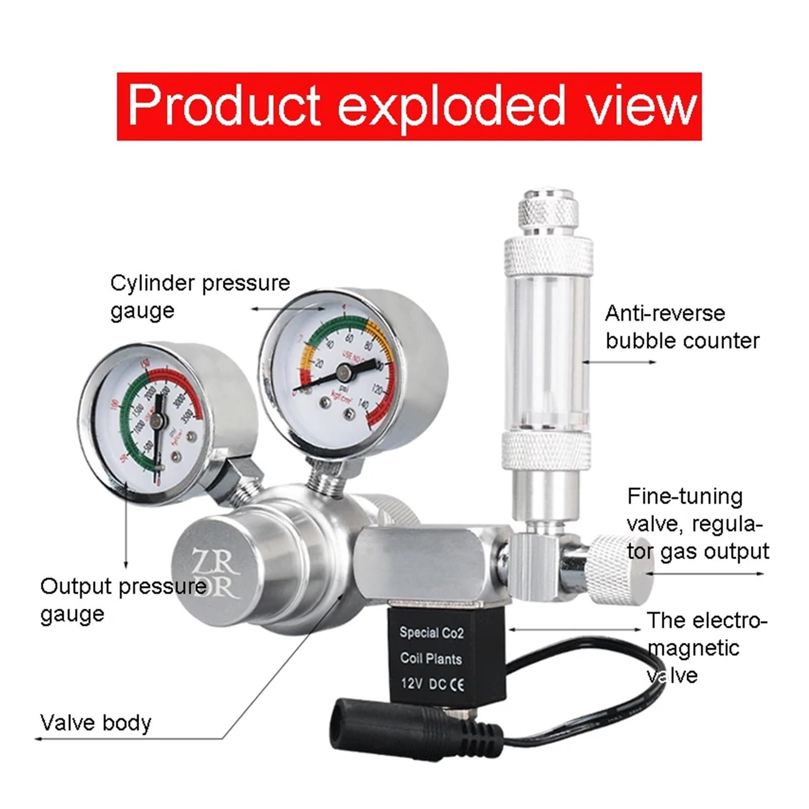 Régulateur de CO2 d'aquarium DC12V, avec clapet Anti-Retour, Compteur de Bulles, électrovanne magnétique, vanne de réglage Fin à 360 °, dioxyde de Carbone(R120X,W218 DC12V)