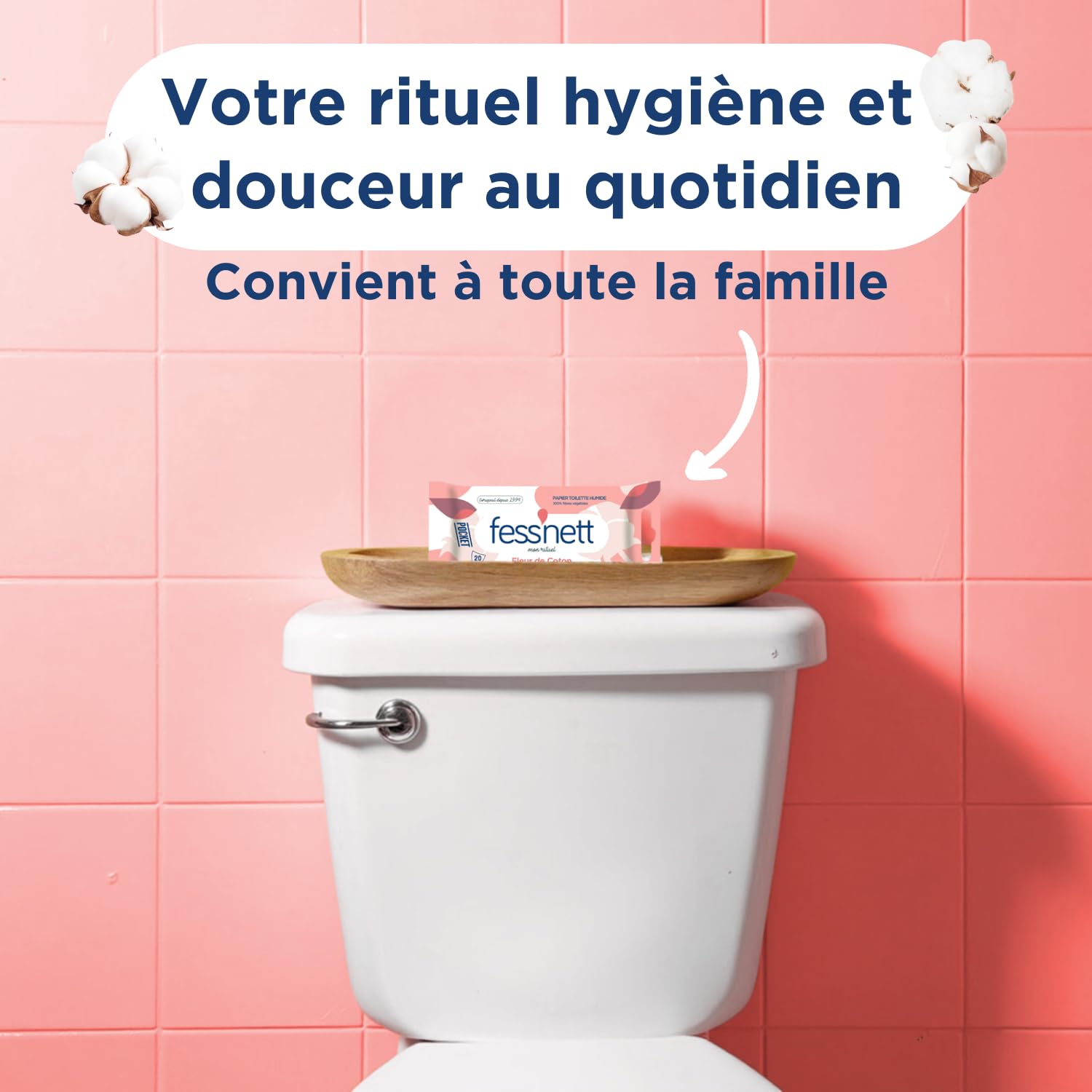 Fess Nett - Papier Toilette Humide Pocket Fleur de Coton x20 - Formule testée dermatologiquement 0% parabène 0% phenoxyethanol - Pour peaux normales à sensibles