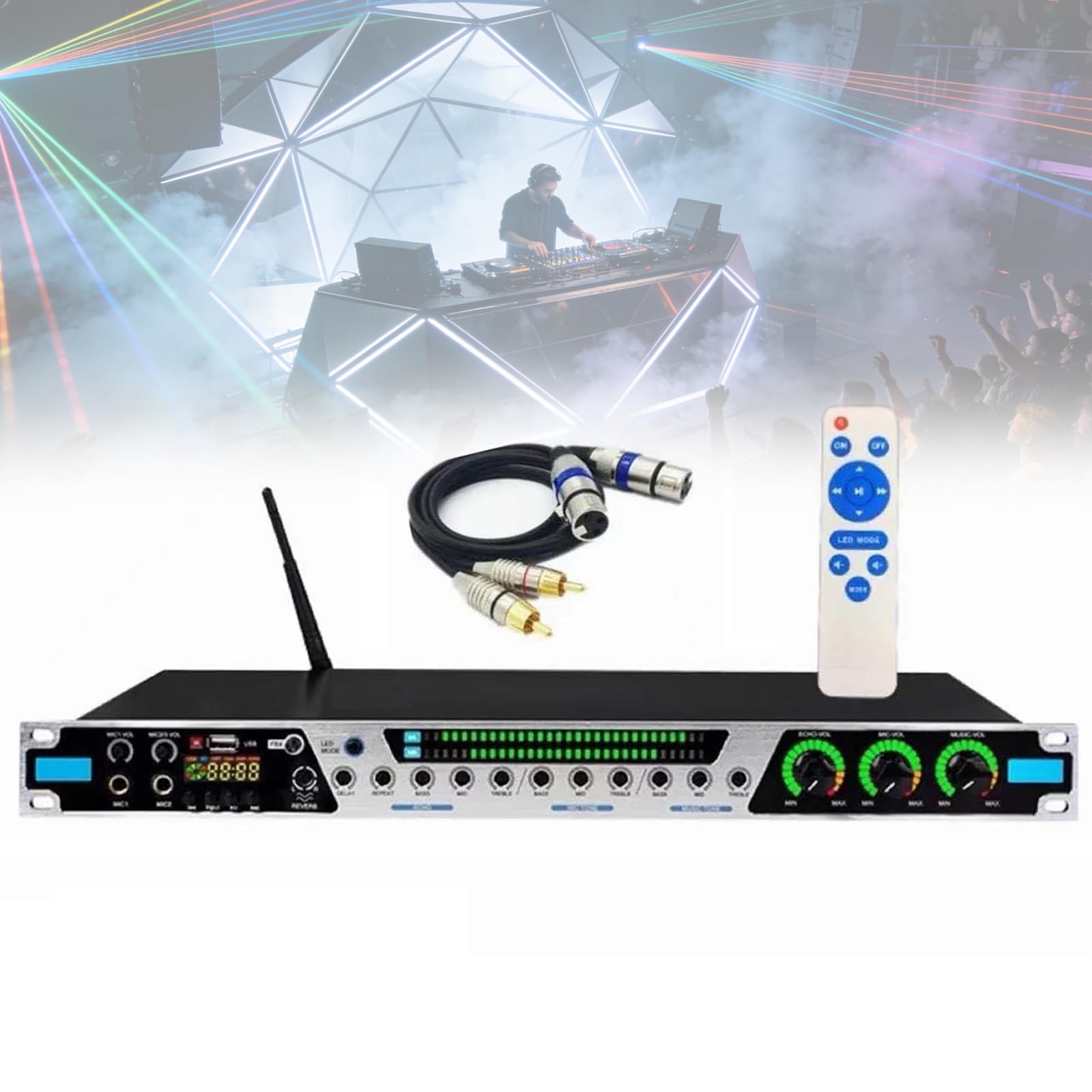 Efector mezclador de karaoke con Bluetooth, USB, fibra, entradas coaxiales, 7 ritmos de luz, procesador antiaullidos para un rendimiento de audio mejorado