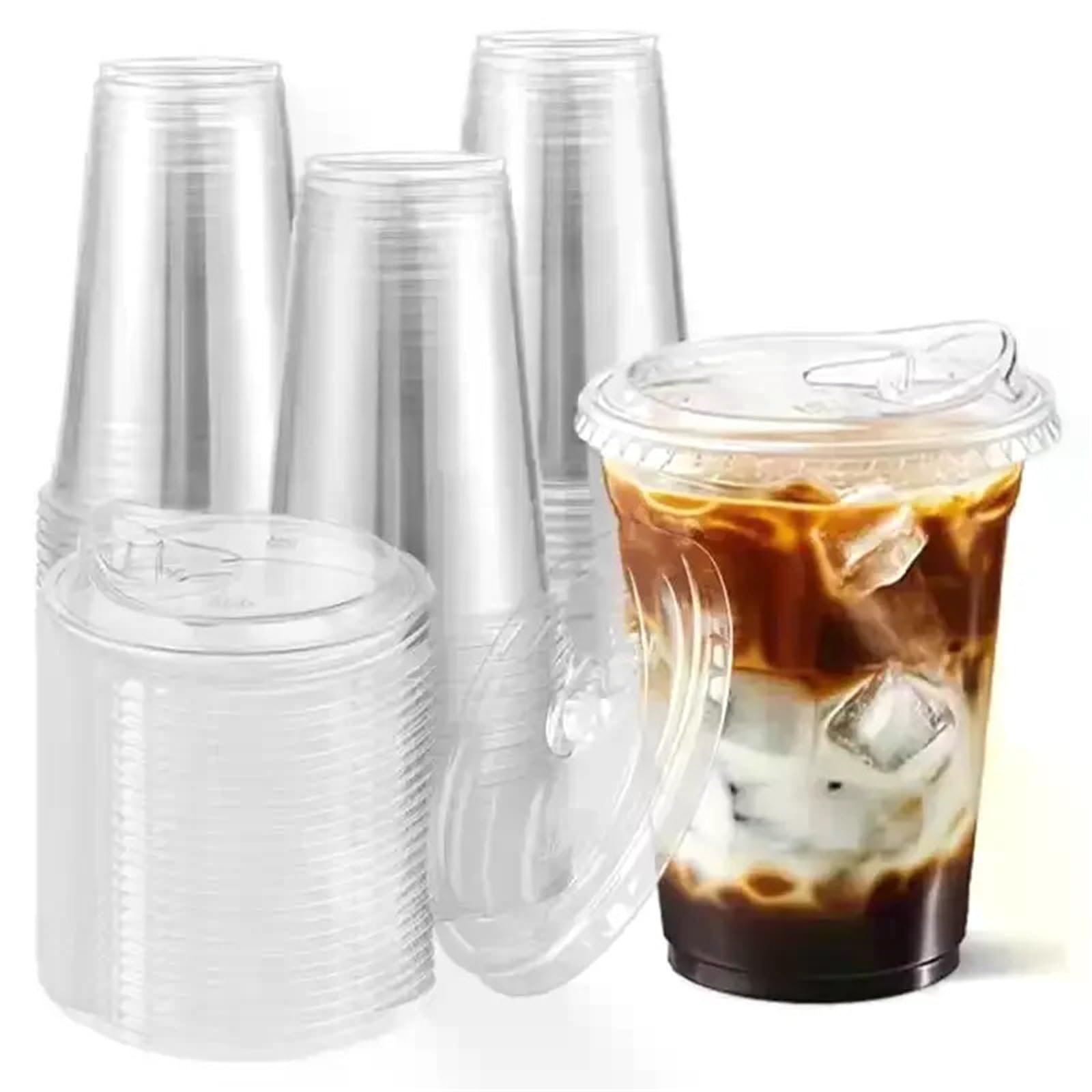 100 Stück transparente Plastikbecher mit Deckel for Partys für Party & mehr | 16-Unzen-Becher for Eiskaffee-Bubble-Tea, auslaufsicher