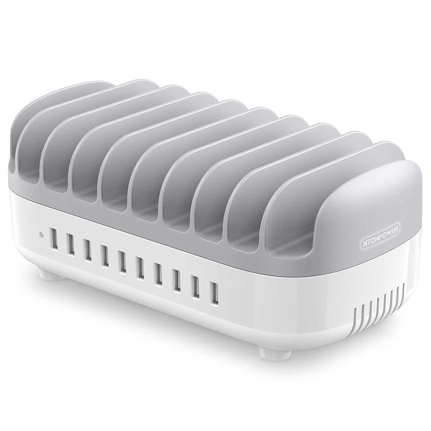 NTONPOWER 10 Port Tablet Ladestation 120 Watt Multi USB Ladestation mit Automatischer leiser Kühlkörper, für Handys Smartphones Tablets, Grau