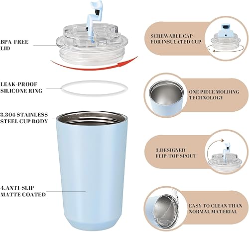 Miniatura 4 de Puraville Insulated Tumblers with Lid, 14 oz Travel Coffee Mug Stainless Steel Vacuum Cup, Leak Proof Reusable Double Walled Coffee Tumbler for Iced