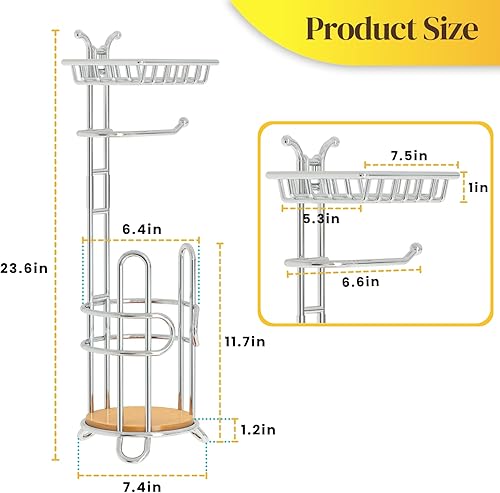 Miniatura 10 de Soporte de papel higiénico mejorado, soporte independiente de papel higiénico gris plateado con estante, estante de almacenamiento de pañuelos de