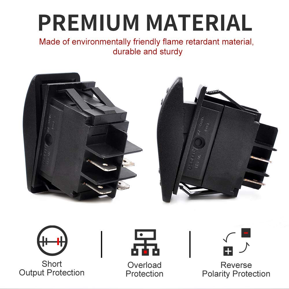 Przełącznik kołyskowy 12 V 24 V ON/OFF, czerwony przełącznik kołyskowy LED do łodzi, samochodu, granatu, przełącznik kołyskowy, SPST samozamykający, 4 piny – 6 sztuk, 1 opakowanie naklejek DIY