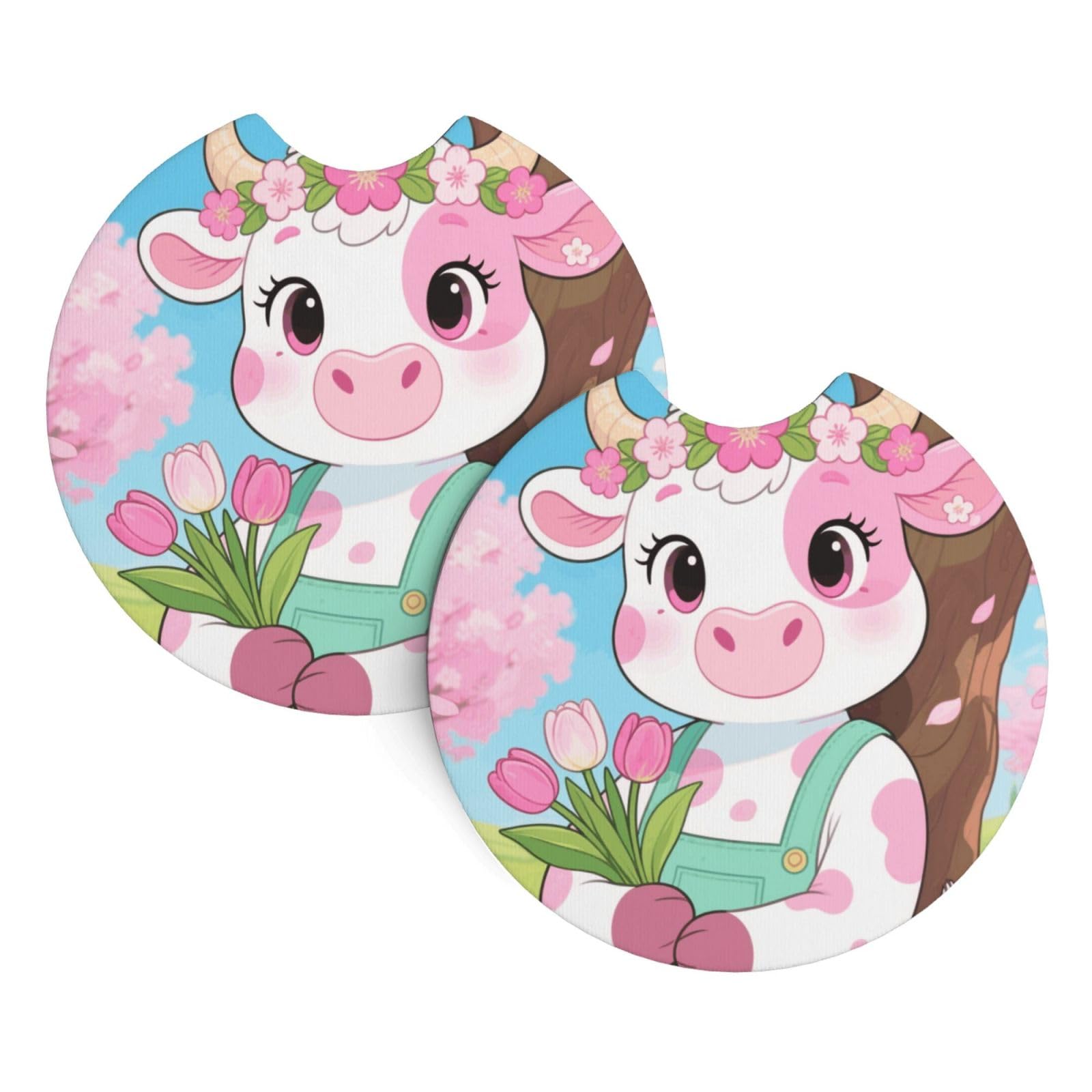 2 Pack Car Coaster for Cup Holders Cute Flower Cow Car Cup Coaster 2.7" Neoprene Non-Slip Automotive Cup Mat Universal Auto Car Interior Accessories for Women Men Cup Pad