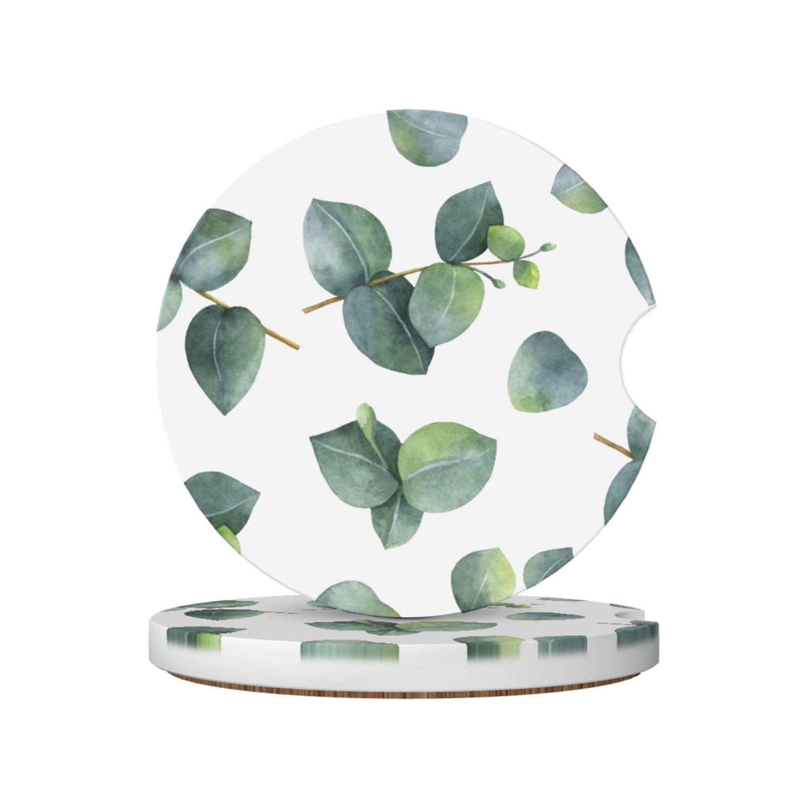 Watercolor Eucalyptus Leaves Branches, Car Cup Holder Coasters 2 Pack, Absorbent Ceramic Car Coasters with Non Slip Cork Base