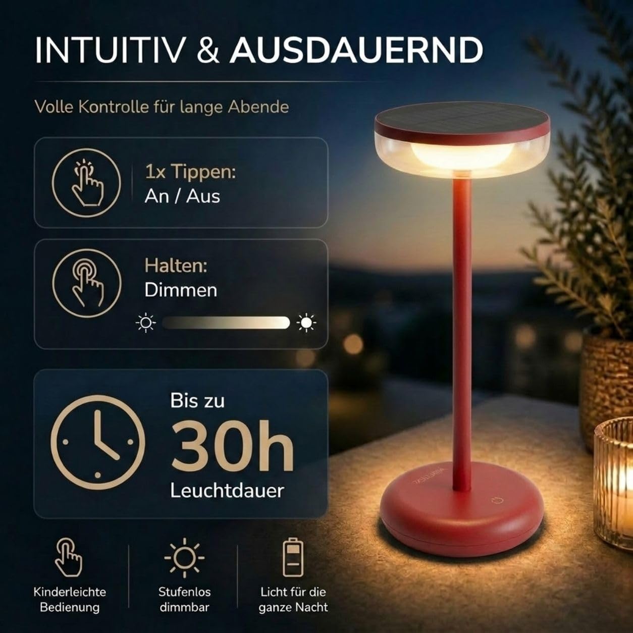 ZOLUNA Bobbie Solarlampen für Außen Tisch, 2700k, IP44 Wasserdicht, Outdoor Tischlampe, Solar Tischlampe Outdoor Stehlampe, LED Outdoor Lampe, Solar Tischleuchte, Evening Red 11x11x26,5cm