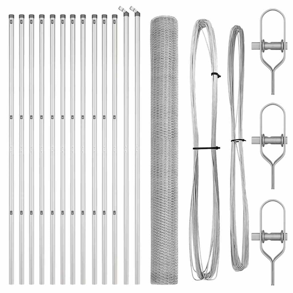 Steel Fence Post Set Silver 25 x 1.5 m 25 mm Mesh Outdoor Garden Security Barrier Corrosion Resistant Rectangle Posts 26 Pack for Terrace Yard Enclosure