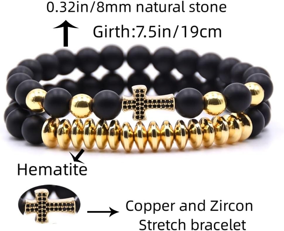 Micro Pave Zircon Crown King Charm 8mm Beads Bracelet for Men Women His and Hers Couple Bracelet Natural Black Matte Onyx Stone Hematite Beads Elastic Adjustable - Image 2