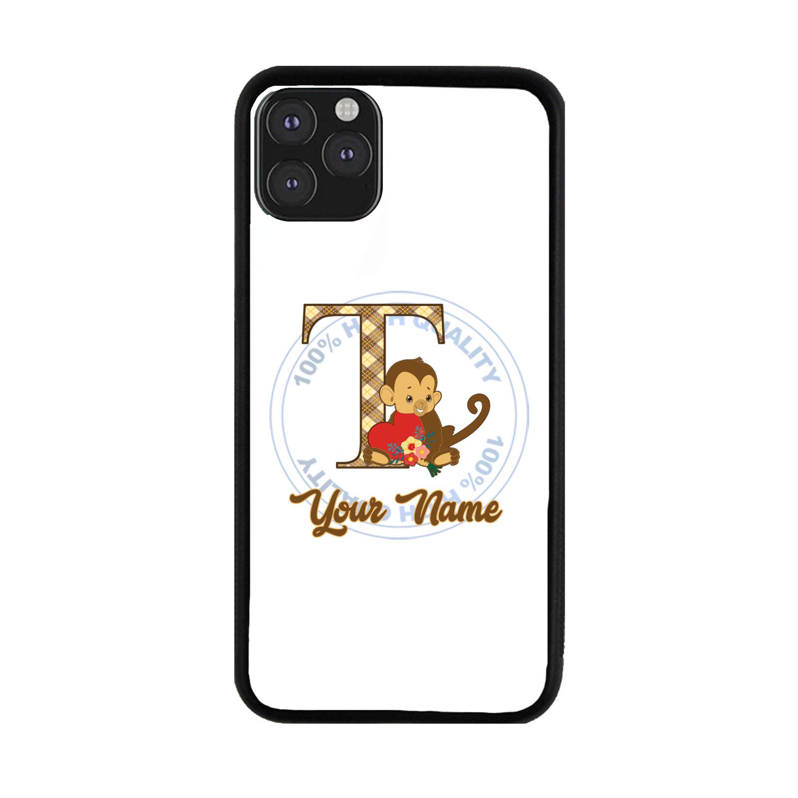 BRGiftShop Personalized Custom Name Cute Brown Monkey Heart Valentine Monogram Letter T Rubber Phone Case for iPhone 11 Pro Max