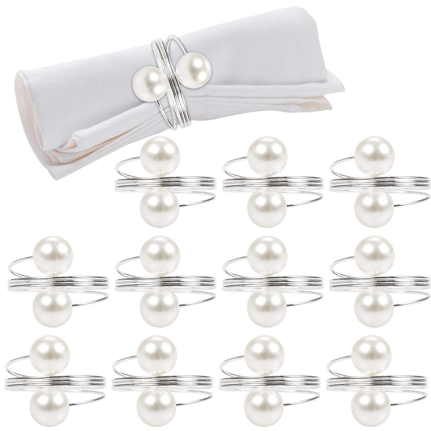 wonlexPearl Napkin Rings Set of 12, Silver Napkin Ring Pearls for Easter, Thanksgiving Day, Christmas, Birthday Party and Table (Pearls - Silver)