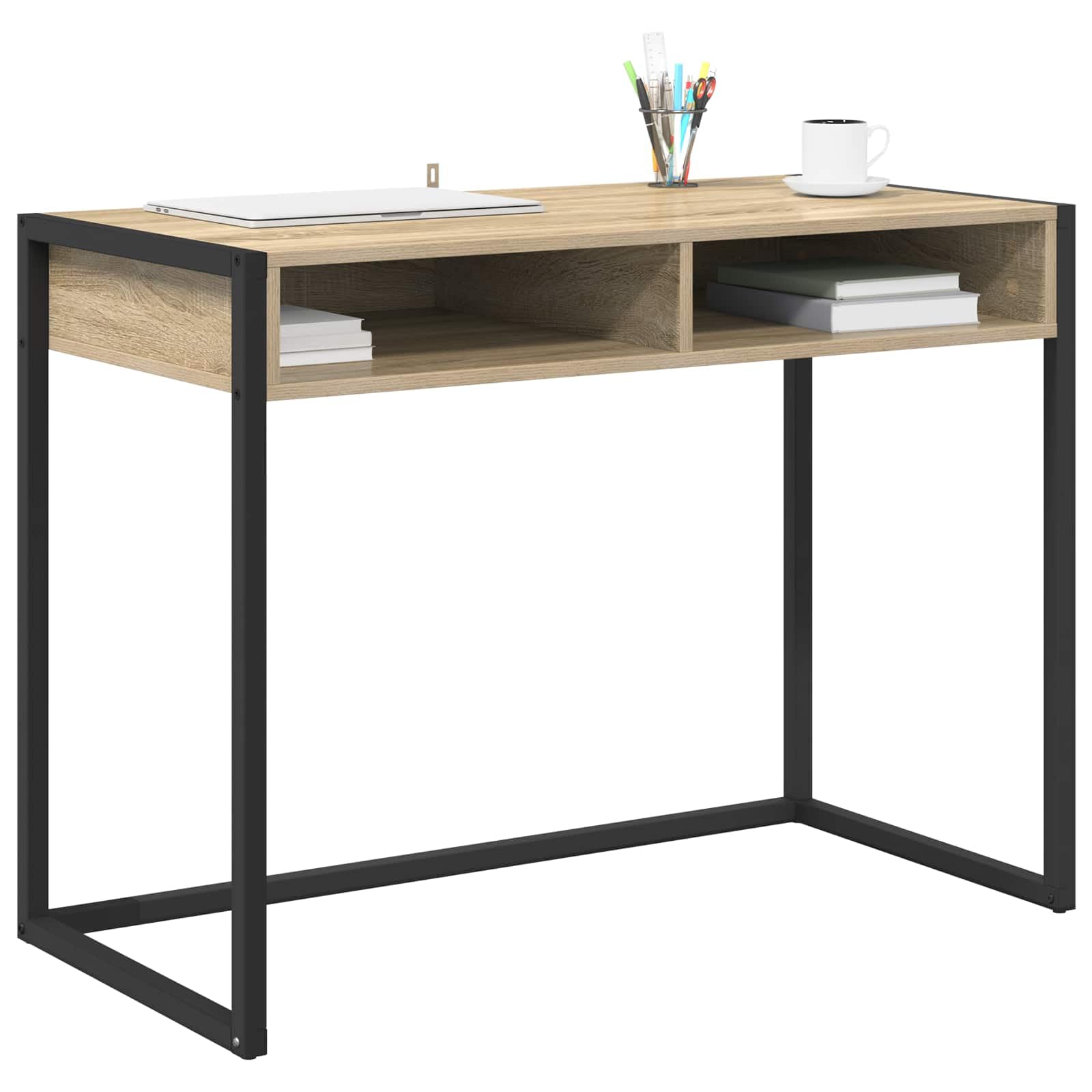 Scrivania con vano portaoggetti, in legno Sonoma, 100 x 50 x 75 cm, tavolo da lavoro per casa, ufficio, studio, con cassetto, ripiano e scaffale, per laptop, PC, monitor, gaming, studio
