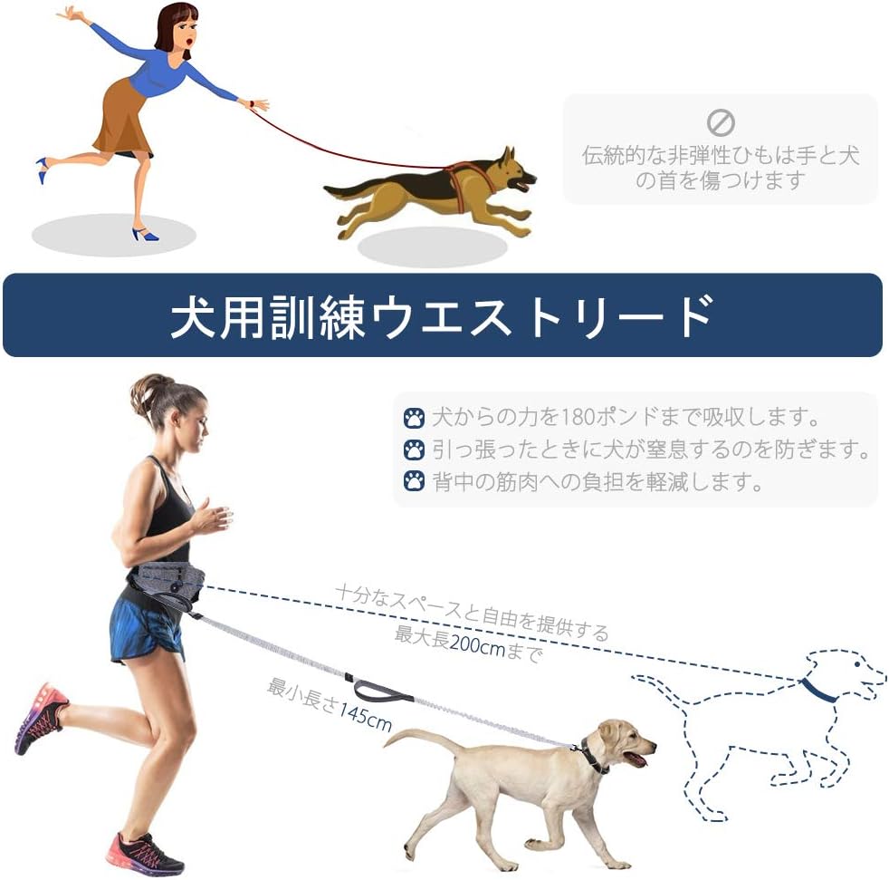 最大64 オフ Leeko 犬 伸縮リード ハンズフリー 腰ベルト付き 4way 反射素材 ランニング ジョギング 190cmまで伸びる 50kgまで対応 うんち袋付き Qdtek Vn