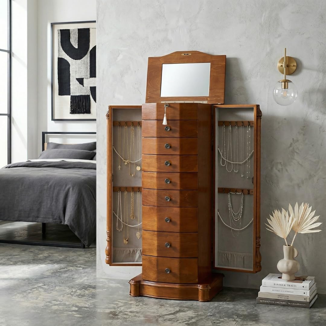 Condition photo showing New/Like New for hives and honey louis locking jewelry armoire - 8 drawer organizer with mirror, side necklace hooks, ring rolls and anti-tarnish lining