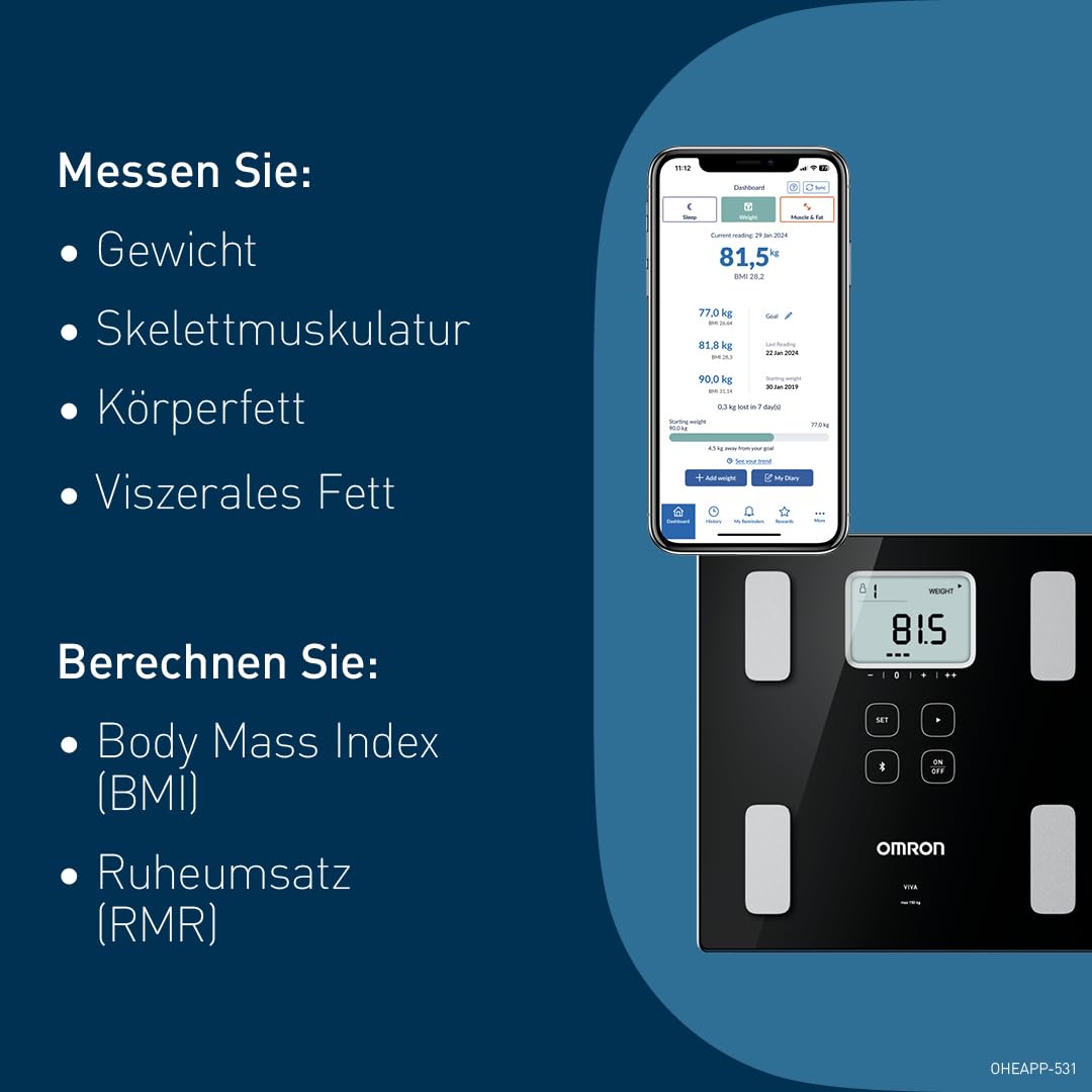 OMRON VIVA Personenwaage bietet präzise Gewichtsmessung, kombiniert mit Körperfettwaage für Viszeralfett, Muskel, Stoffwechsel, BMI sowie Herzgesundheit und Bluetooth-Sync zur OMRON Connect App