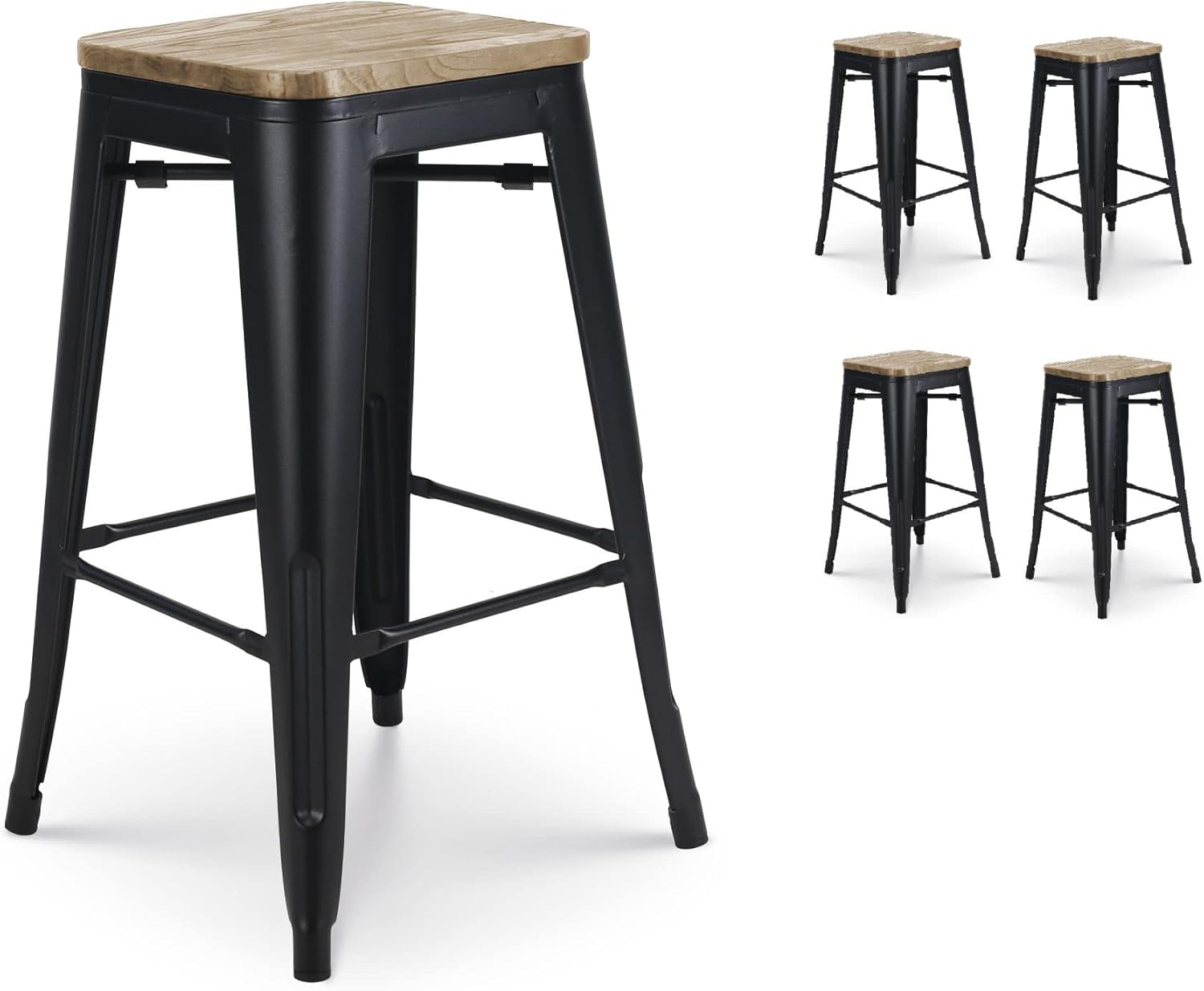 Ensemble Table Haute De Bar 100 Cm Et 4 Tabourets De Bar Bois Et Métal Blanc Design Industriel - DETROIT | ID Market