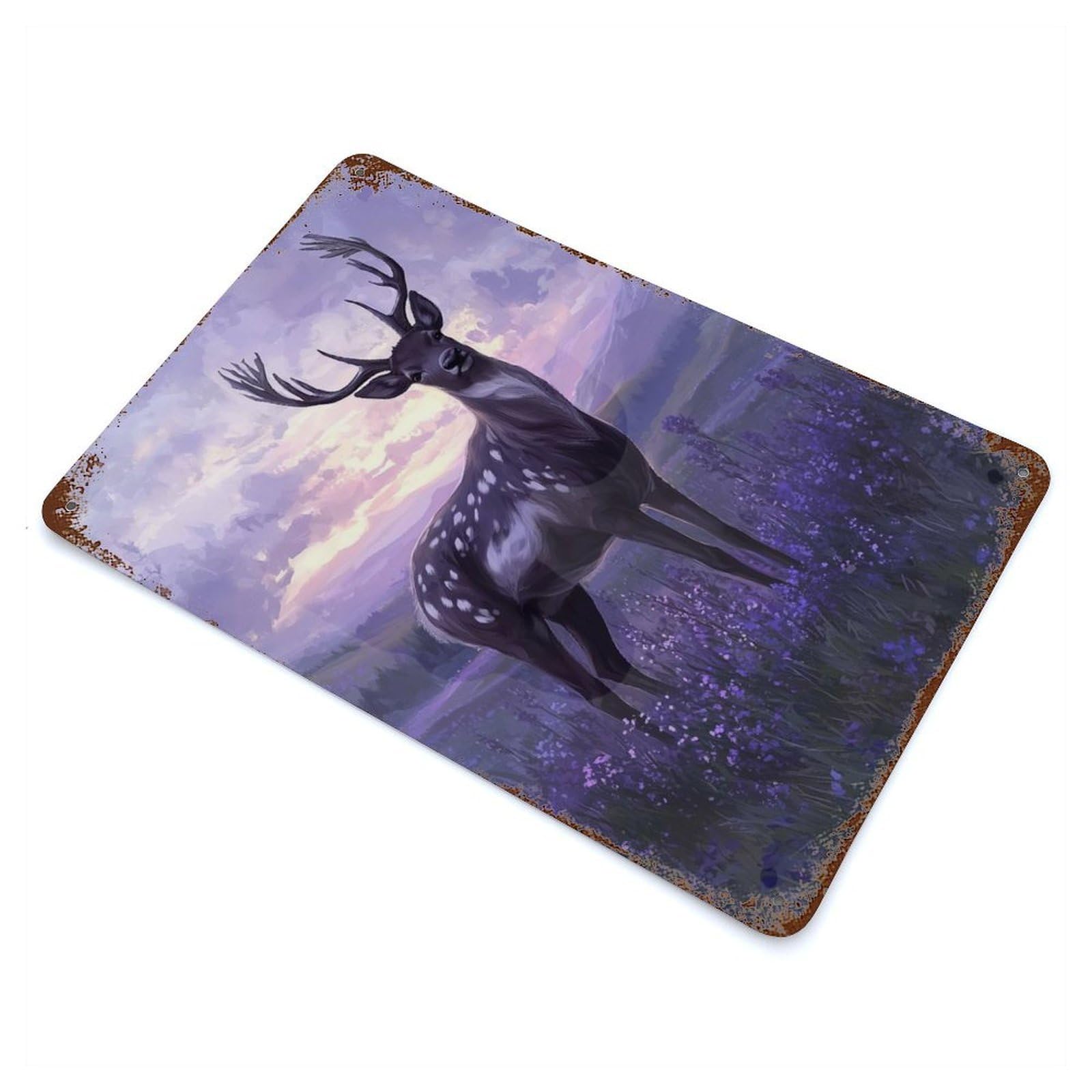 Garage Style Deer in Lavender Field Rust Effect Tin Sign 11.8"x7.9", Industrial Home Decor for Bar And Workshop