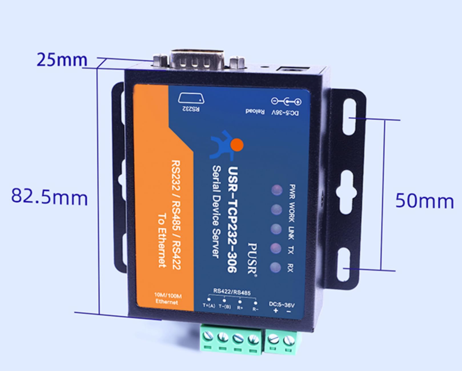 USR-TCP232-306 Serialer Ethernet-Konverter, LAN TCP/IP zu RS232/RS485/RS422-Geräteserver mit breiter 5-36V Gleichstromversorgung, HTTPD-Client-Unterstützung