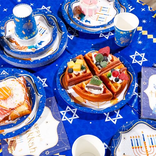 Layhit 97 Pcs Hanukkah Paper Plates and Napkins Set, 24 Guests, Blue and White, Hanukkah Theme, Dinnerware