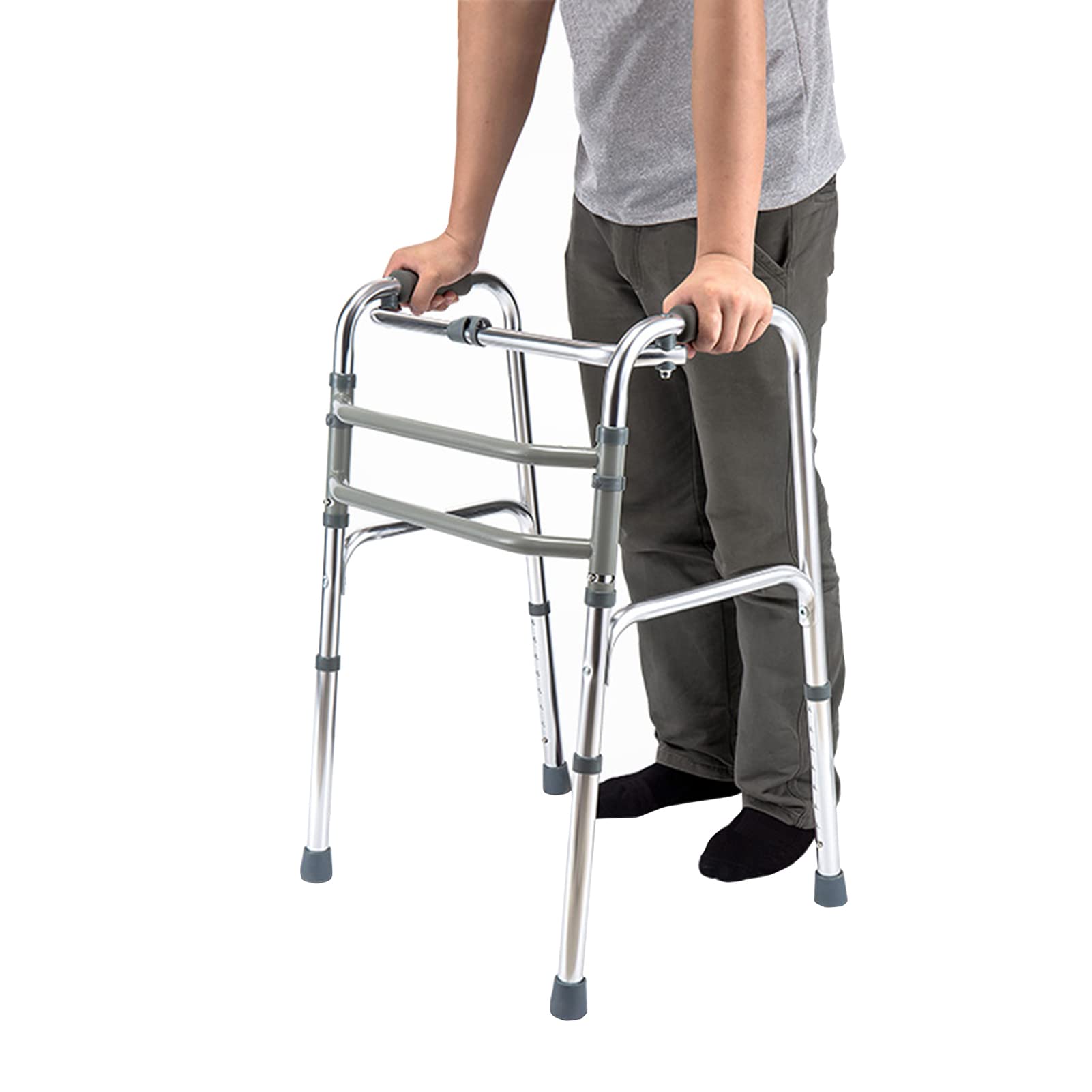 Supporto in Piedi Due modalità di utilizzo Telaio in Lega di Alluminio Leggero e Pieghevole 8 Livelli di Regolazione dell'altezza Deambulatore Senza Ruote