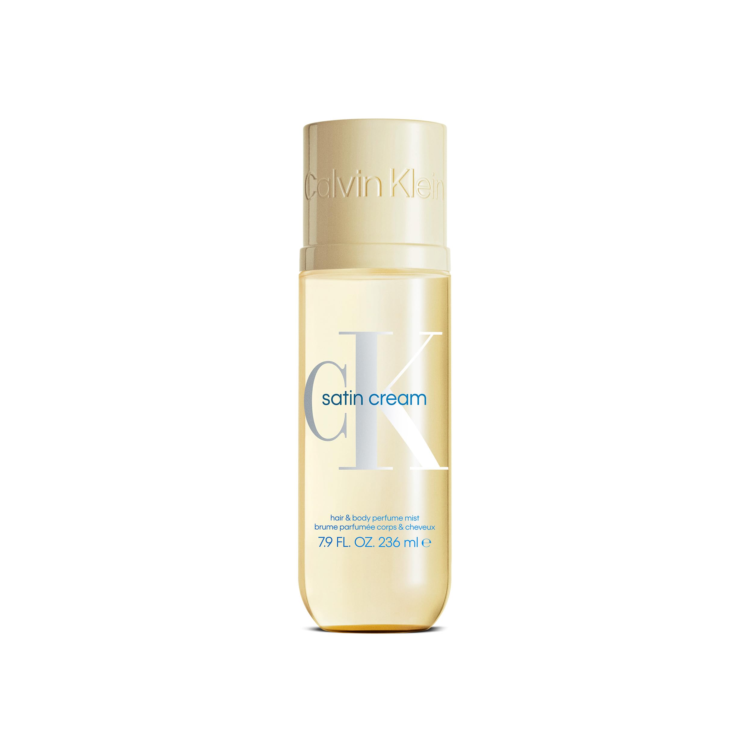 Calvin Klein perfumowana mgiełka do włosów i ciała, Satin Cream | Długotrwały efekt, właściwości nawilżające, bursztynowy zapach z nutami waniliowej bitej śmietany, piżma i czarnej porzeczki.
