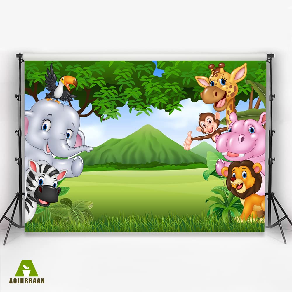 Aoihrraan 3x2m Giungla Safari Sfondo Cartone Animato Zoo Animali Prati Montagna Fotografia Sfondo Per Ragazzi Compleanno Festa Tavola Arredamento Bambino Doccia Bambini Ritratto Foto Prop