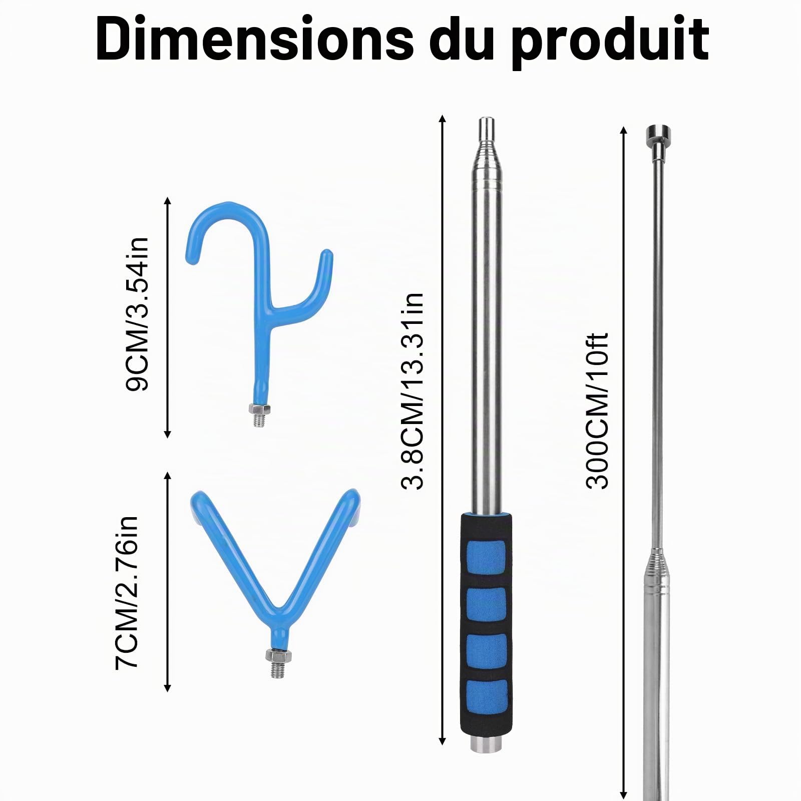 Outil Télescopique Préhensible Barre Magnétique avec 2 Crochets Aimant, 300cm Perche Extensible Pousser Tirer Préhenseur Fils Récupérateur Disque Golf Zones Difficiles D'accès