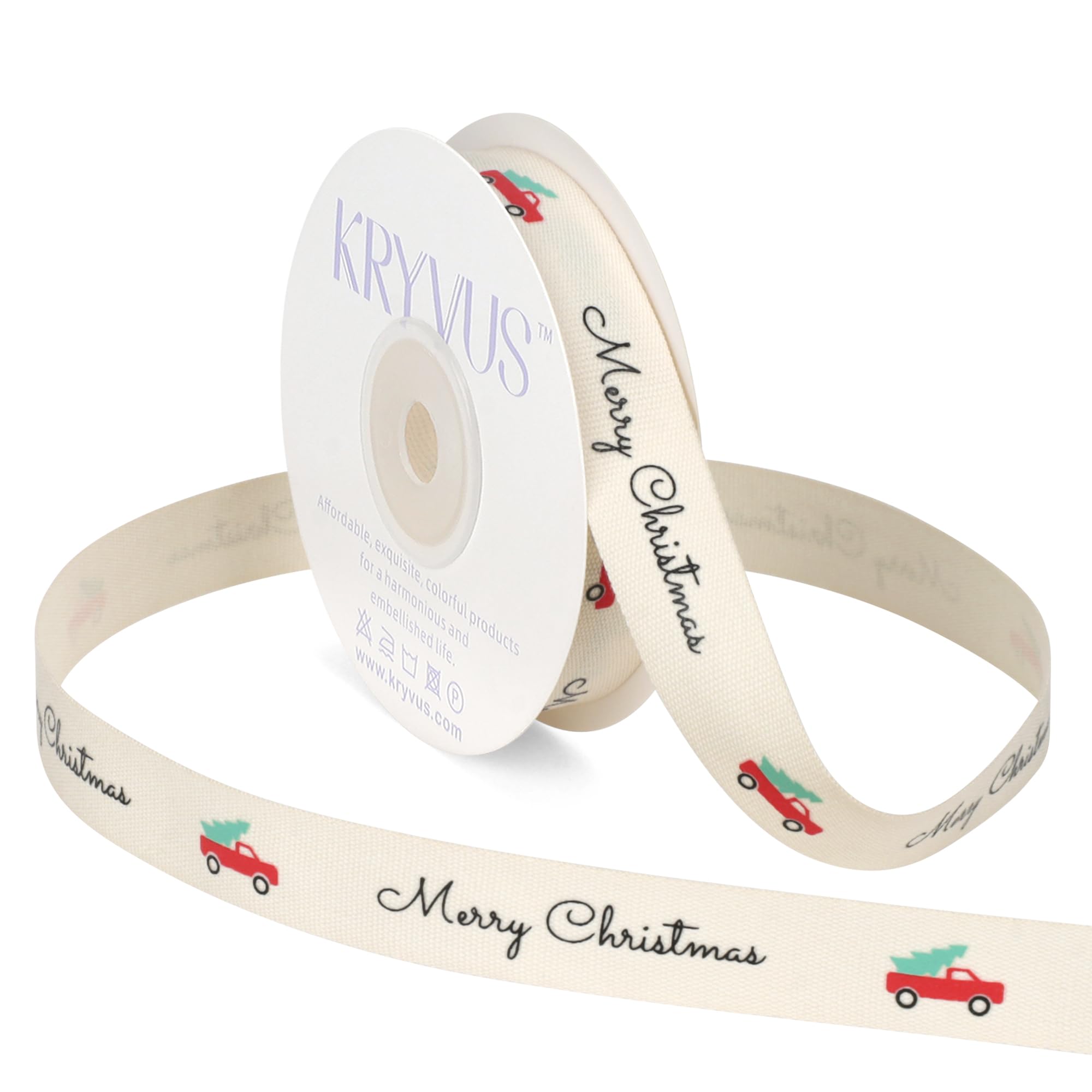 Kryvus Merry Christmas Cotton Ribbon 5/8 Inch x 12 Yards, Truck/Tree Print