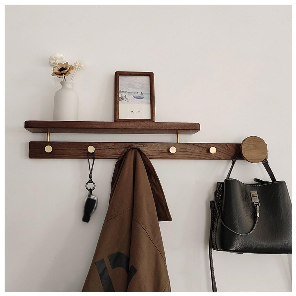 Qpkz Brown Walnut Wood Coat Rack Wall Mount With Shelf, Wall Hooks Entryway Hanging Shelves With Brass Hooks For Clothes Hats Towel Purse Robes, Bathroom Mudroom Bedroom 70Cm