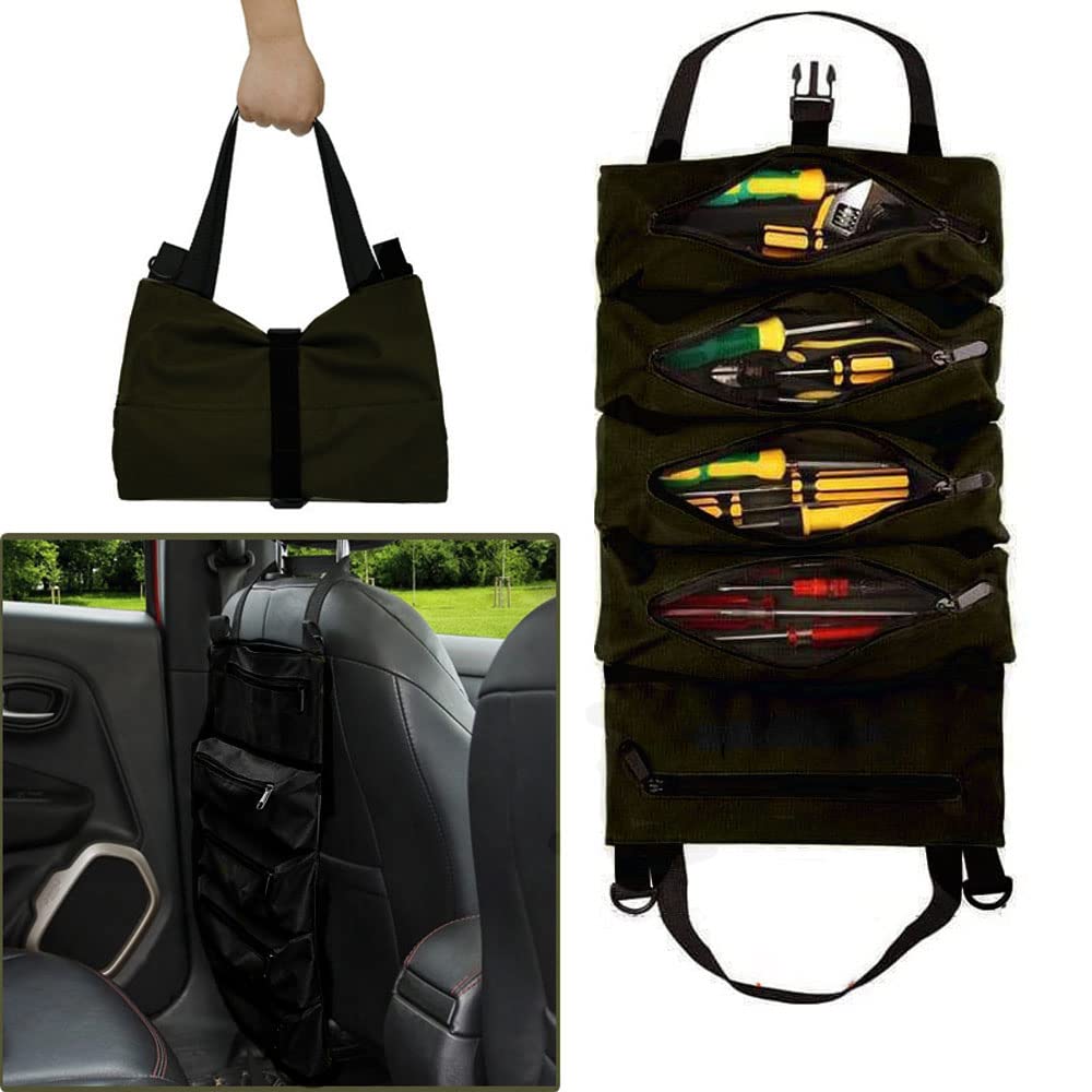 Tool Bag Roll Up Pouch 5 Zipper Pockets Foldable Canvas Organizer Hanging Wrench Storage Multi-Purpose Organizer, Black, 47cm x 28cm