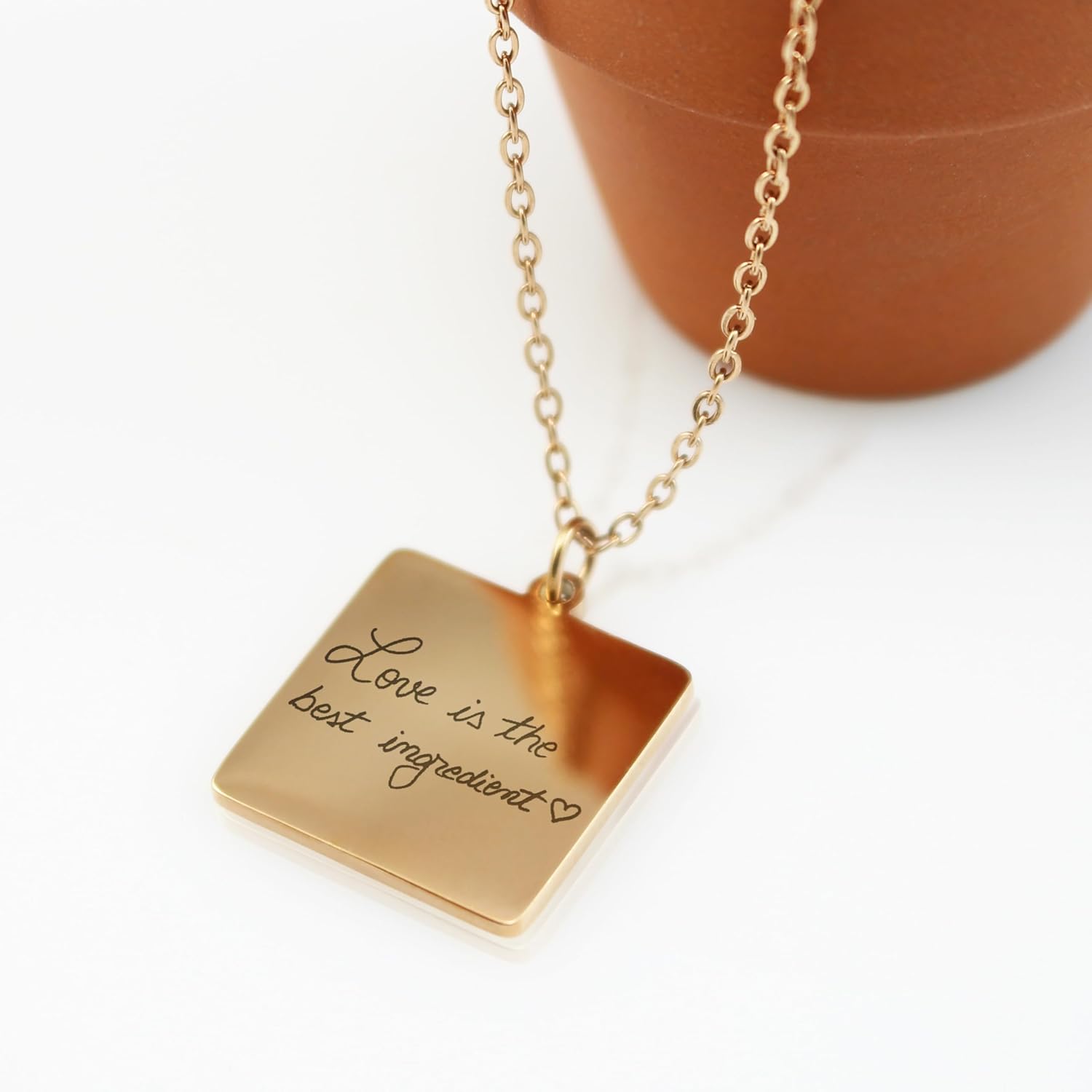 AnnBijoux Actual Handwriting Square Pendant Necklace Mirror Polish Stainless Steel Silver Gold Rose-Gold Laser Engraved Jewelry Memorial Signature Mom Personalized Gift