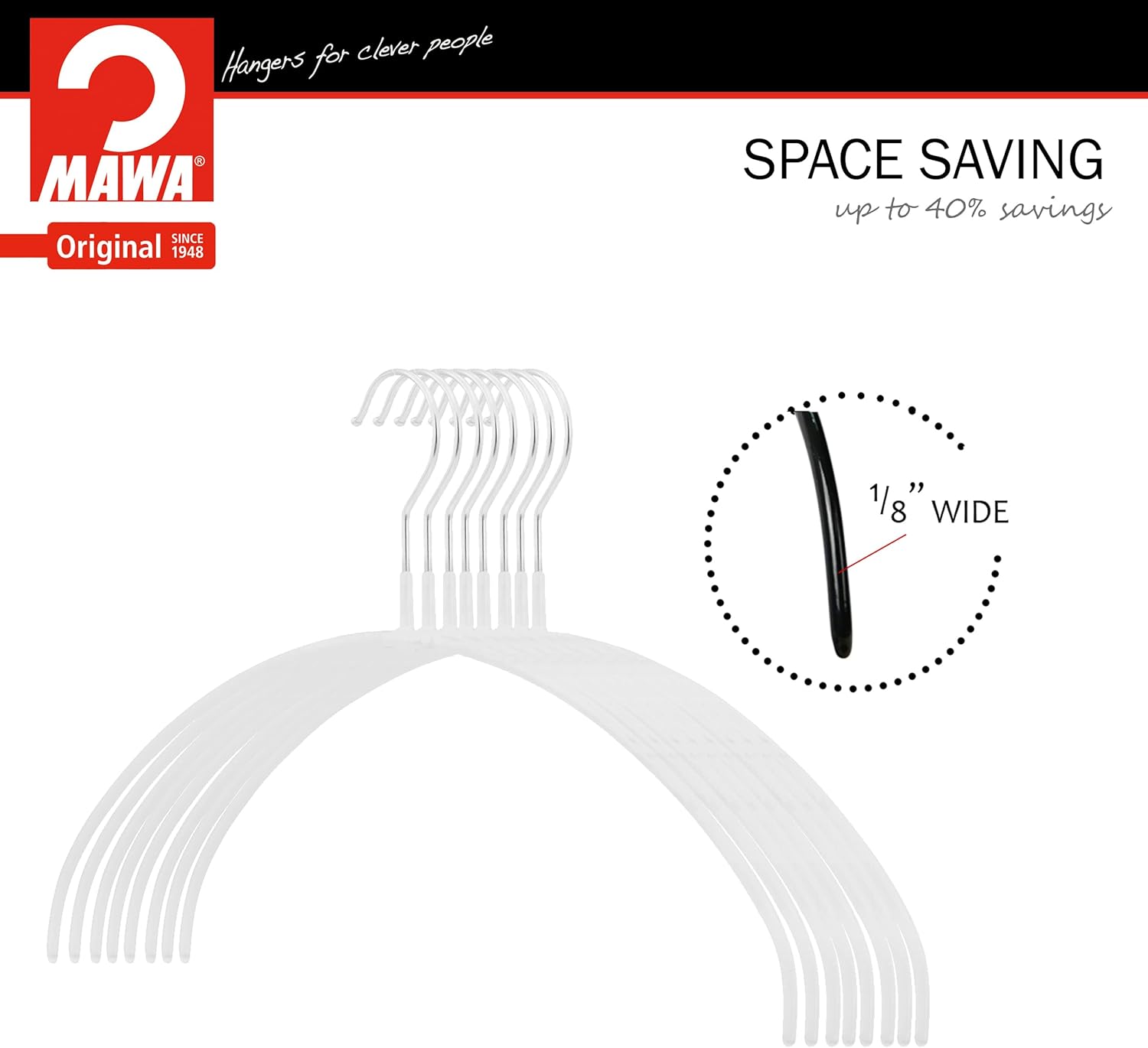 Mawa by Reston Lloyd, Euro Ultra-Thin Series, Non-Slip Space Saving Clothes Hanger, Style 40/PT for T-Shirts, Blouse, & Sun Dresses, Set of 20, White