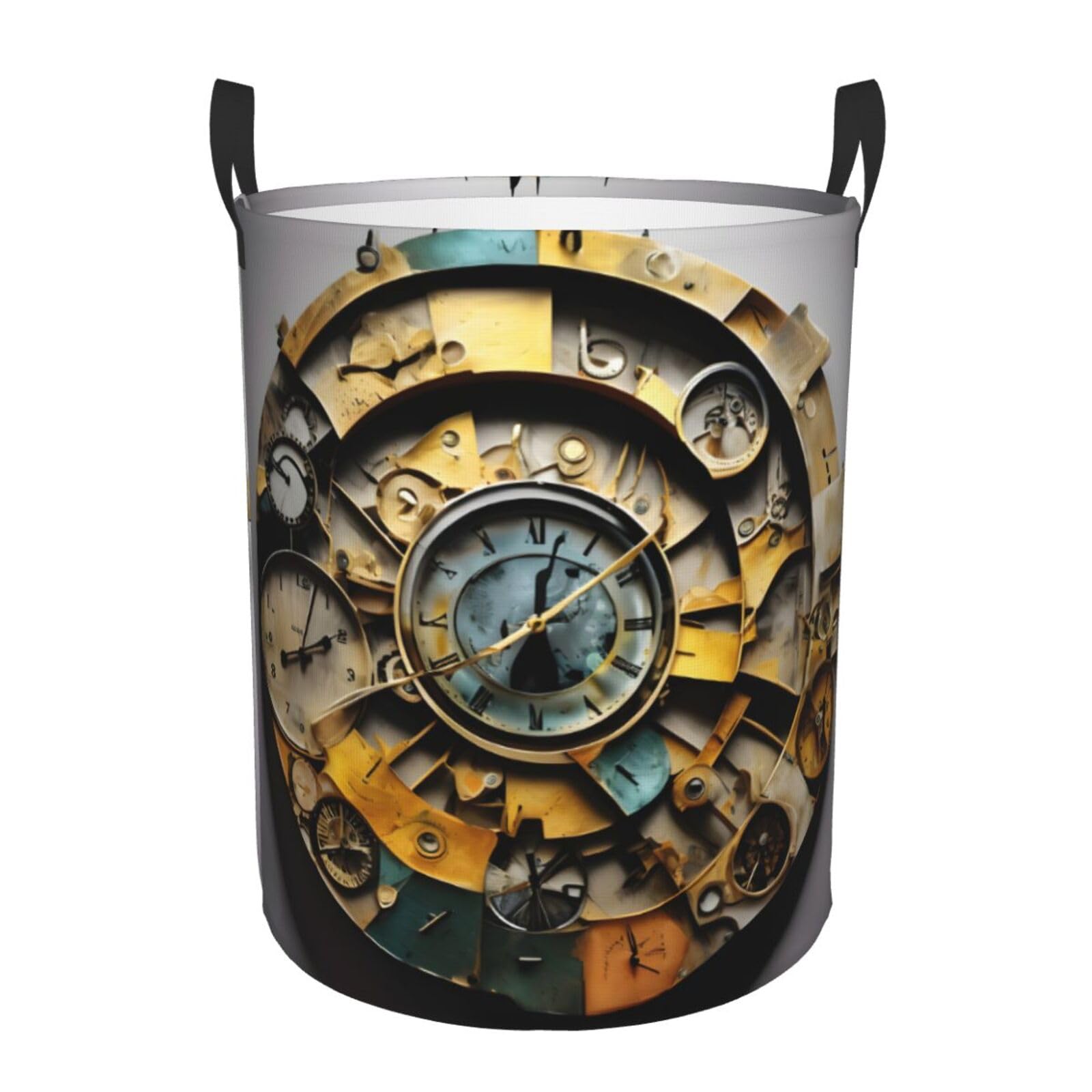 M Collapsible Round Clock Art Print Laundry Hamper