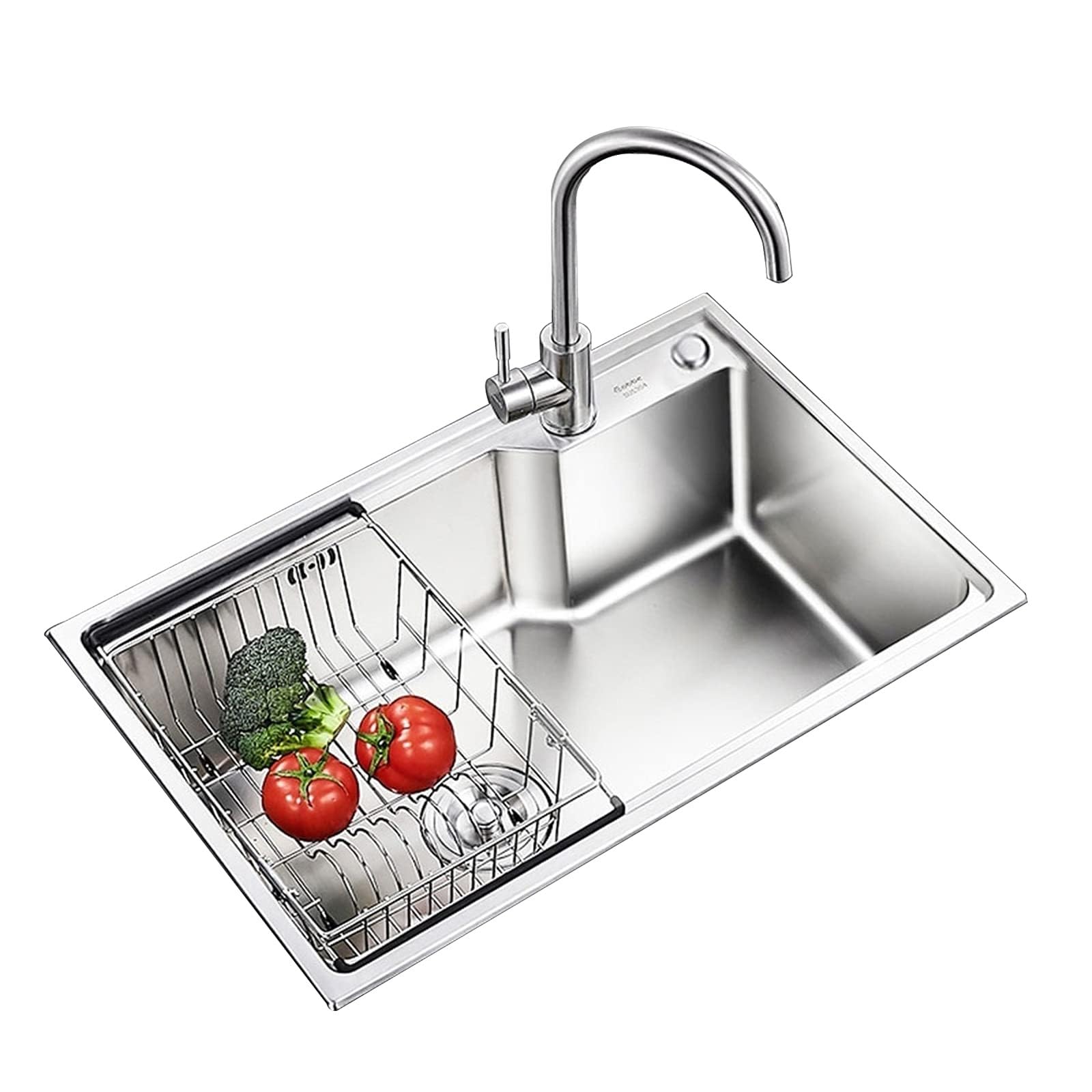 SDdPulse Fregadero de cocina de acero inoxidable 304 con canasta, lavabo de barra de gran capacidad con tubo de drenaje para el hogar y la oficina, plateado, 65 x 43 cm