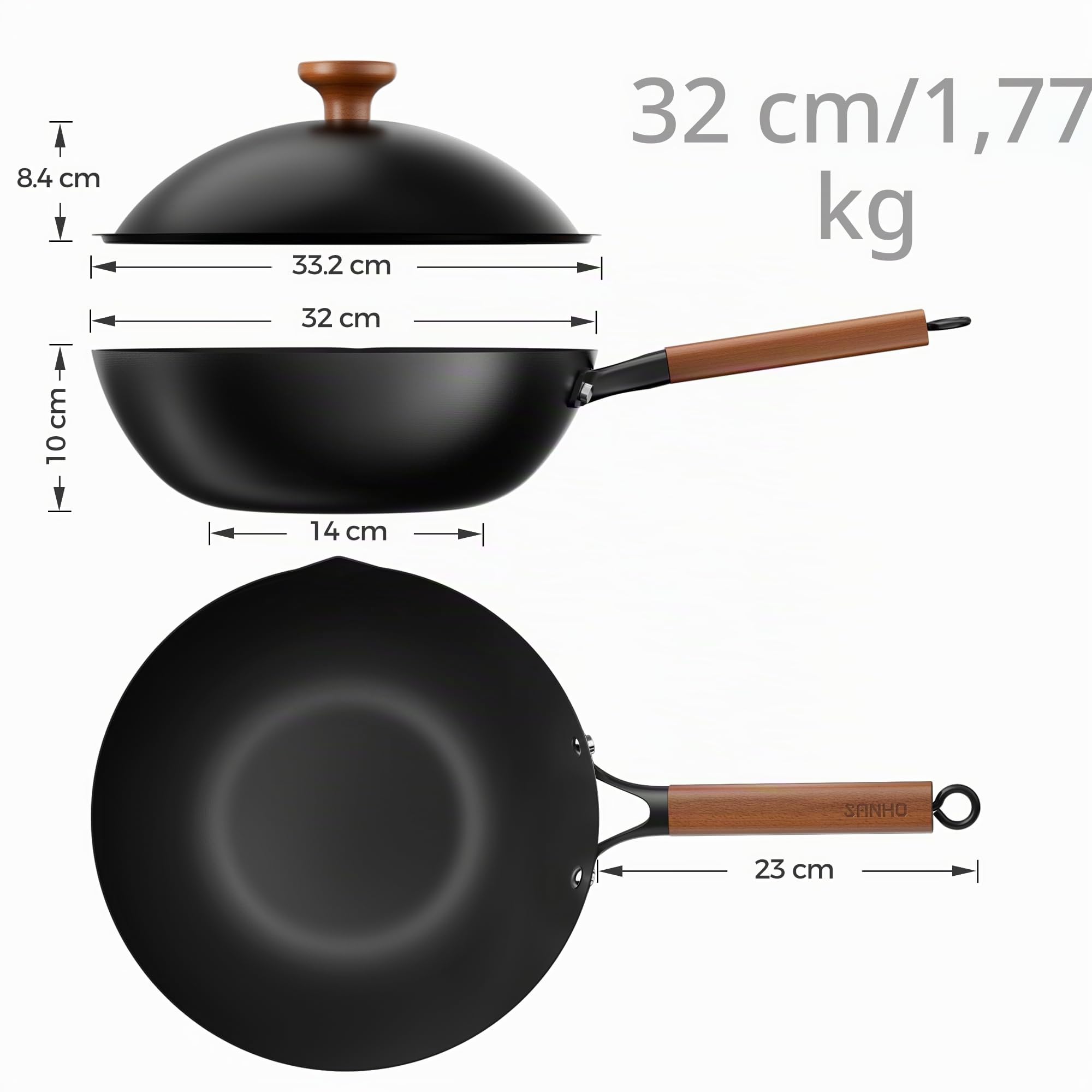 Sanho 32 cm Poêle Wok avec couvercle – Pas de culottage, 0 revêtement chimique, antiadhésif naturel, compatible tous feux (gaz, électrique, induction <800W) & ustensiles métal, 5QT