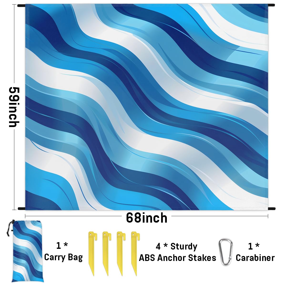 Eabrults Waterproof Sandproof Beach Blanket, 59''×68'' Ripple Polyester Outdoor Picnic Blanket with 4 Stakes & Storage Bag for Beach,Camping,Vacation Blue