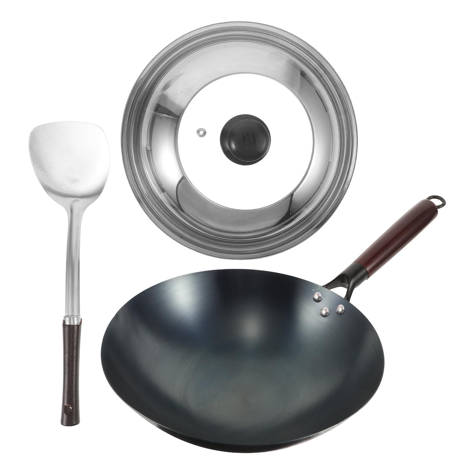 TOYANDONA Wok Stagionato in Ferro con Coperchio e Spatola, Manico in Legno
