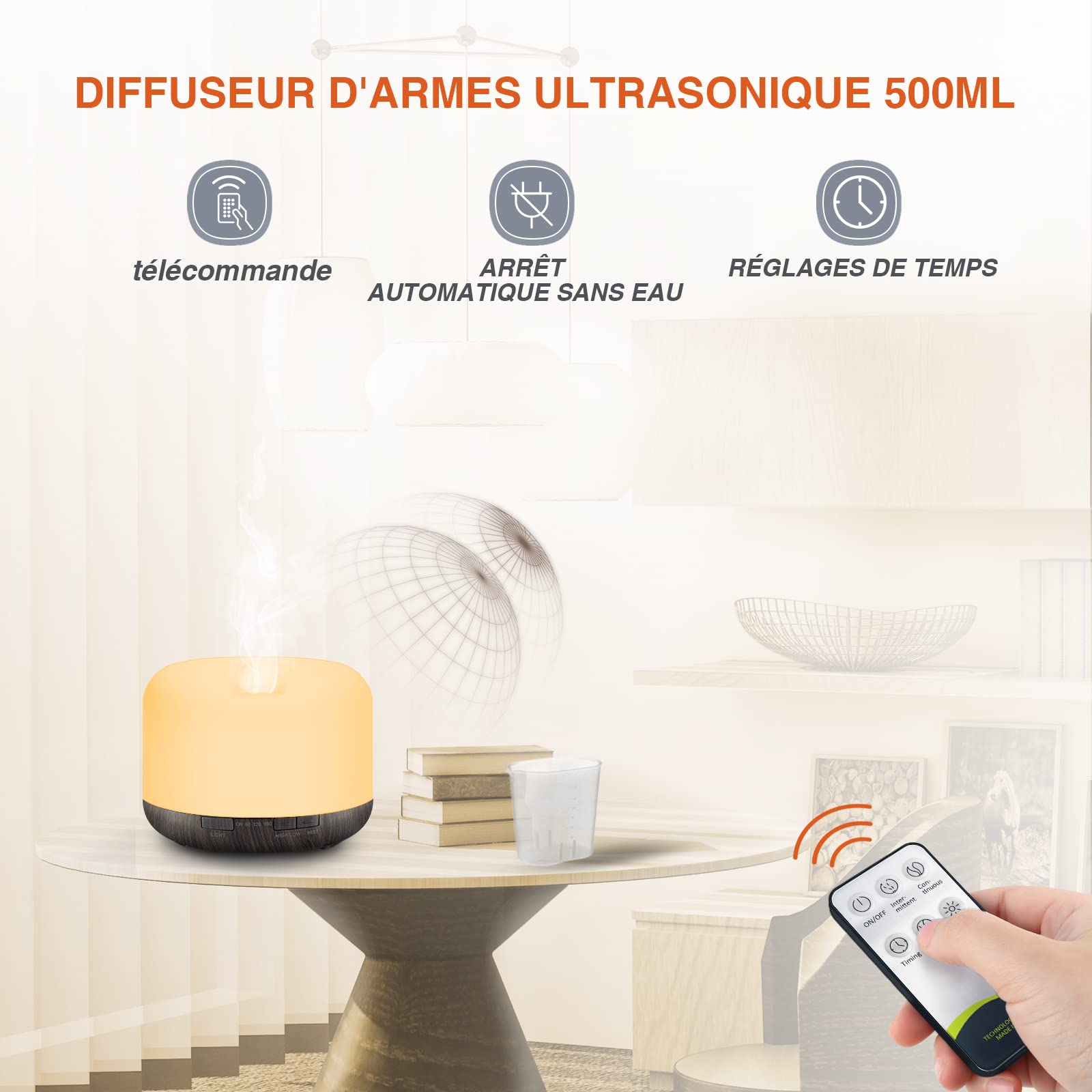 Difusor De Aroma, 500 ML, Ultrasónico, Difusor de Aromaterapia para Aceites Esenciales, Humidificador con Temporizador, Apagado Automático en Estado sin Agua, sin Bpa para Dormitorio, Oficina, SPA