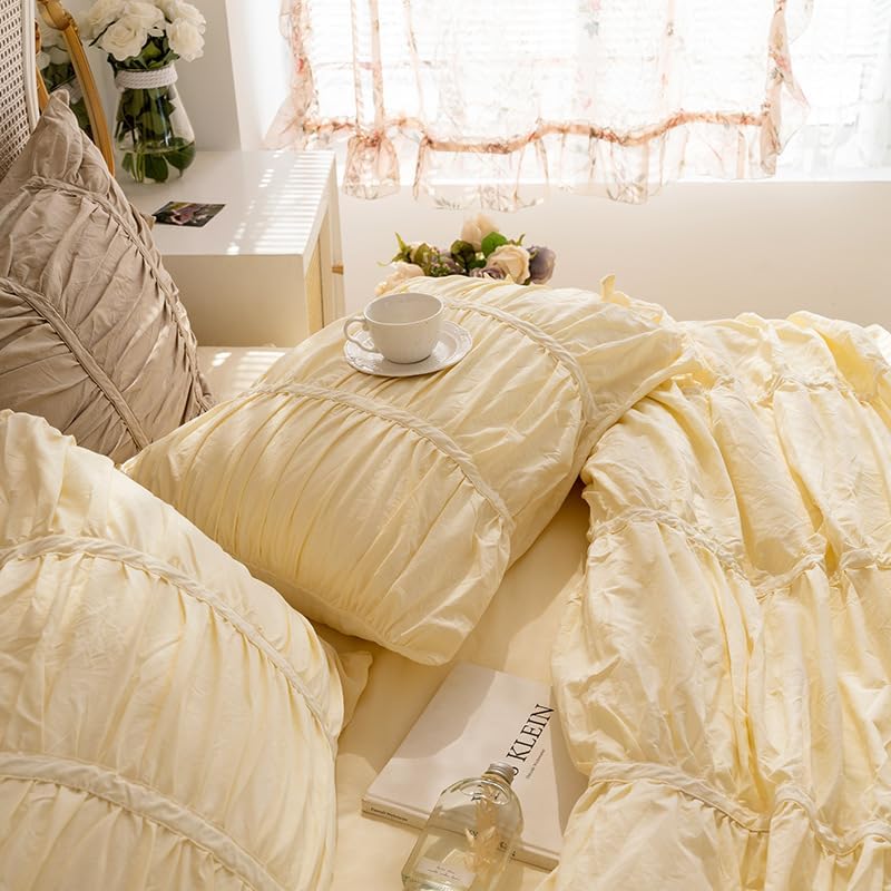 Yellow Ruched Pillow Shams Set of 2 100% Cotton Shabby Chic Pillow Covers | French Country Decorative with Bow Ties Bed Pillowcase