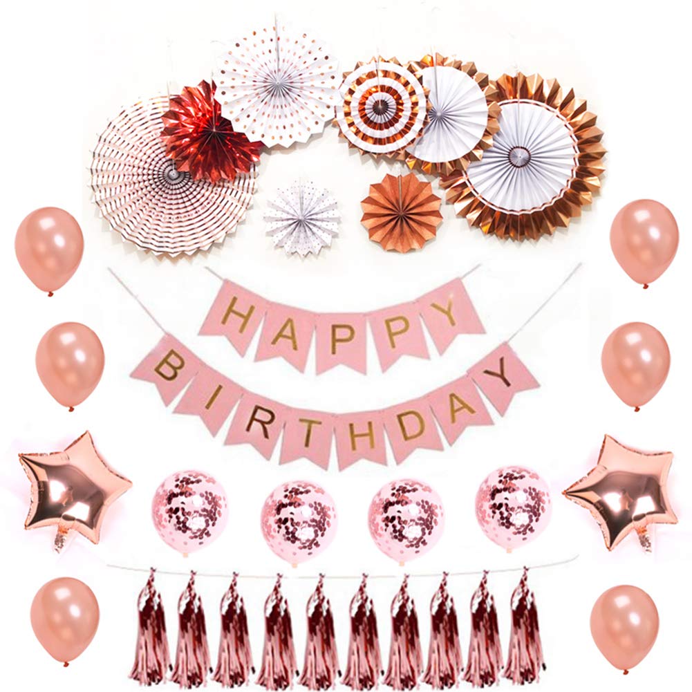 COTO Birthday Decorations Birthday Party Supplies Party Decorations Balloons Rose Gold Happy Birthday Banner Confetti Balloons