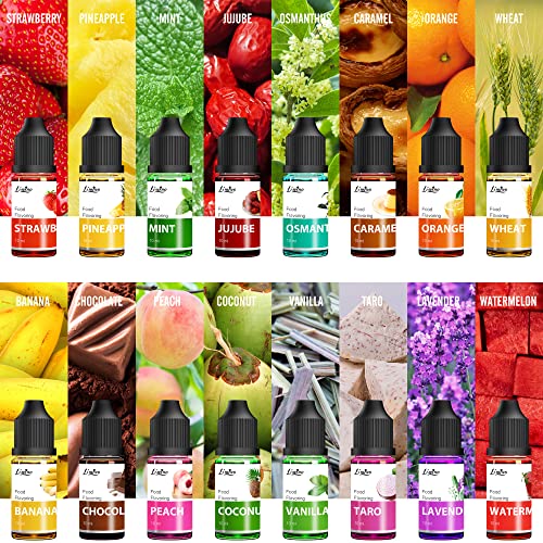Lebensmittelarom, Food Flavour Drops - 16 Konzentrierte Lebensmittel Aromaöl Flavor Oil zum Backen, Kochen, Süßigkeiten - Wasser- und öllösliches Lipgloss Aromaöl für die Seifen, Getränke - je 10 ml