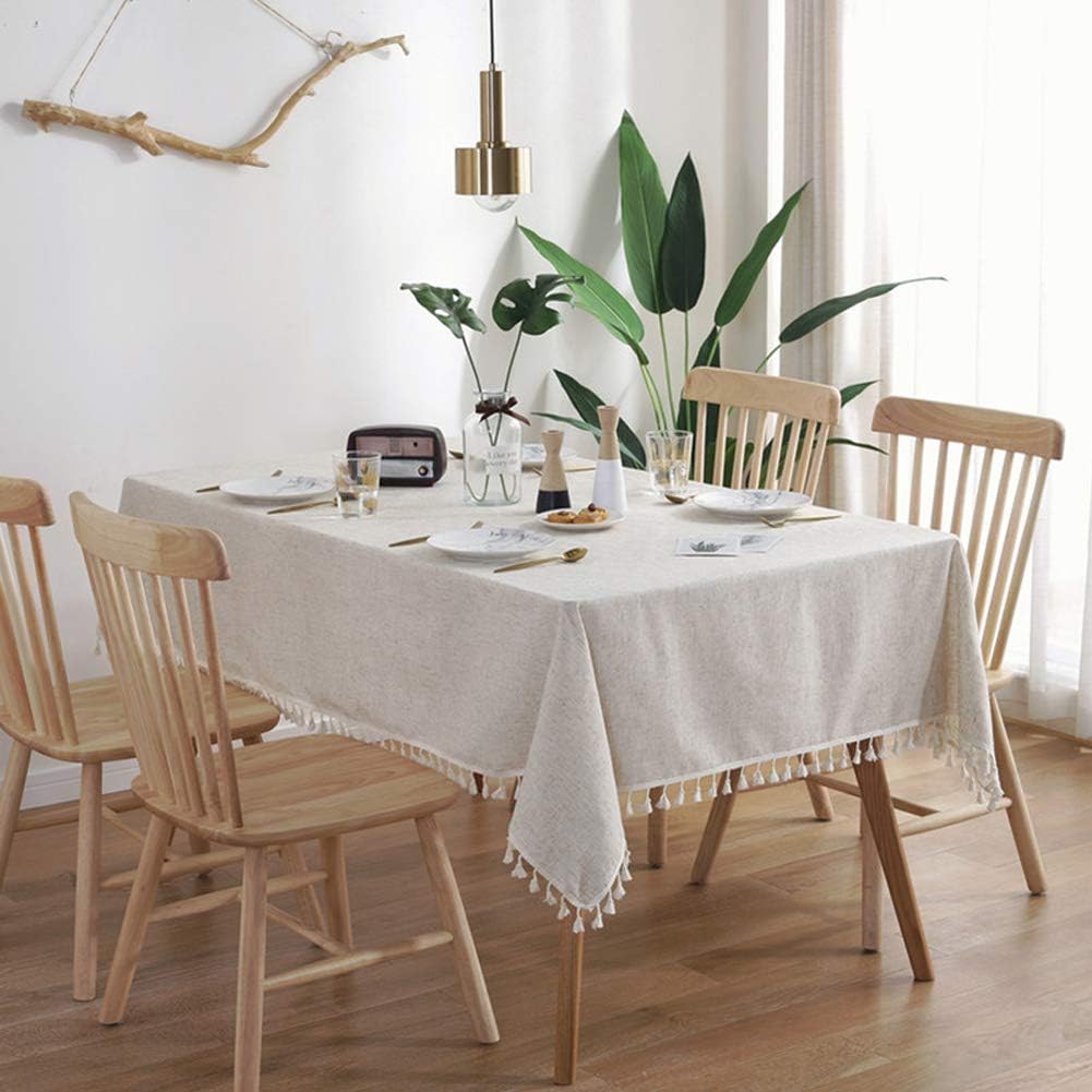 AMZALI Washable Cotton Linen Tablecloths Fabric Tassel Tablecloth Dust-Proof Table Cover for Kitchen Dinning Tabletop Home Decoration Everyday Use (Rectangle/Oblong, 55 x 102 Inch, Linen)