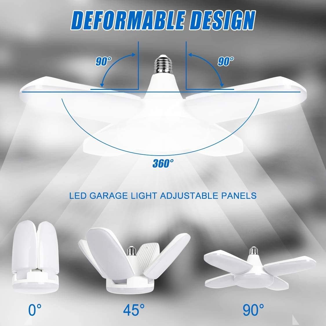 LED Garage Lights, 60W 6000LM Deformable Garage Light with Extension Lamp Holders, E26 Daylight White with 4 Adjustable Panels, 6500K LED Shop Lights for Garage Basement Warehouse Workshop