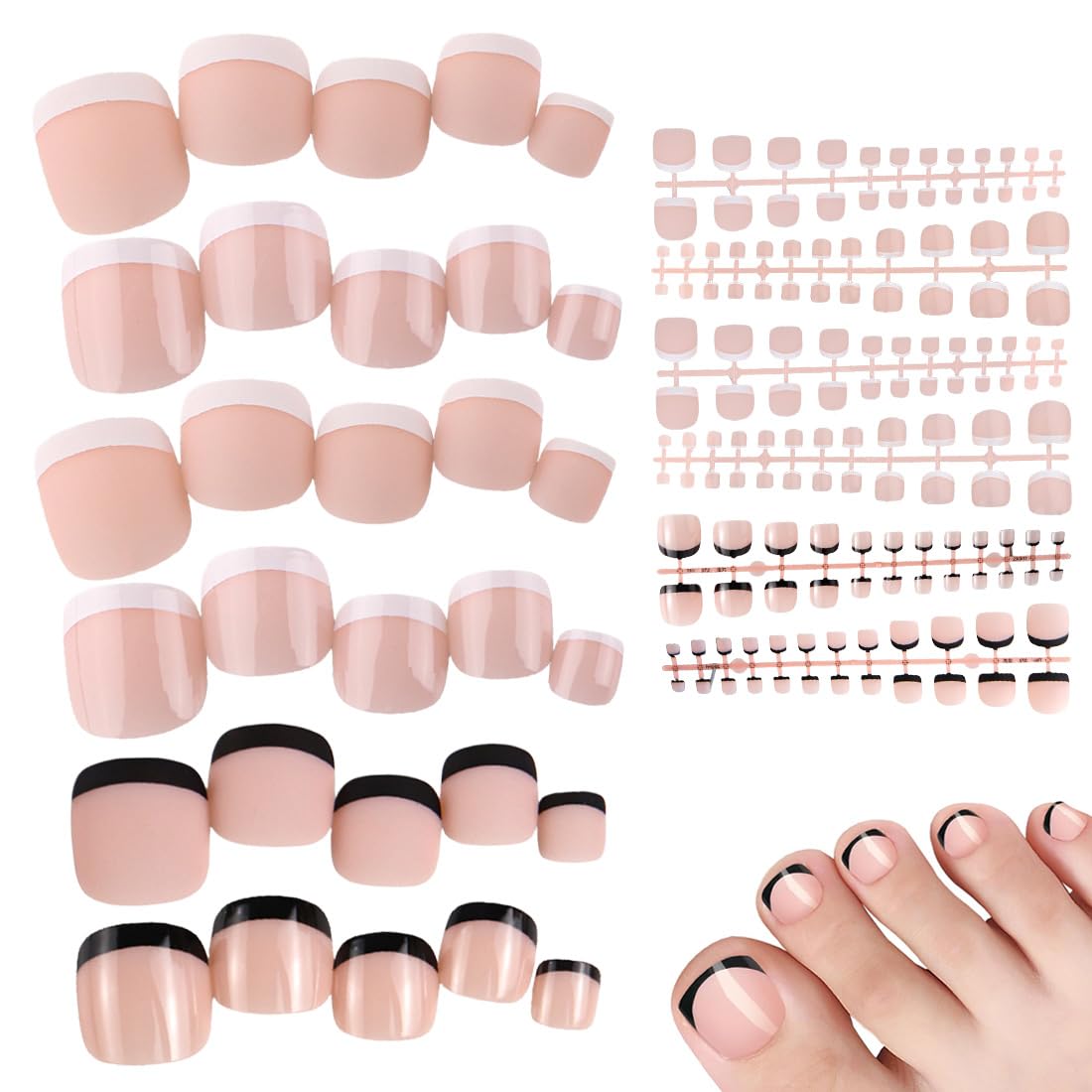 KSJEHW 144 Piezas Uñas Falsas para Dedo Del Pie, Puntas de Uñas Francesas 12 Tamaños Uñas Postizas con Pegamento Cubierta Completa Tips Uñas Pies Acrilicas para Mujeres Niñas Manicura