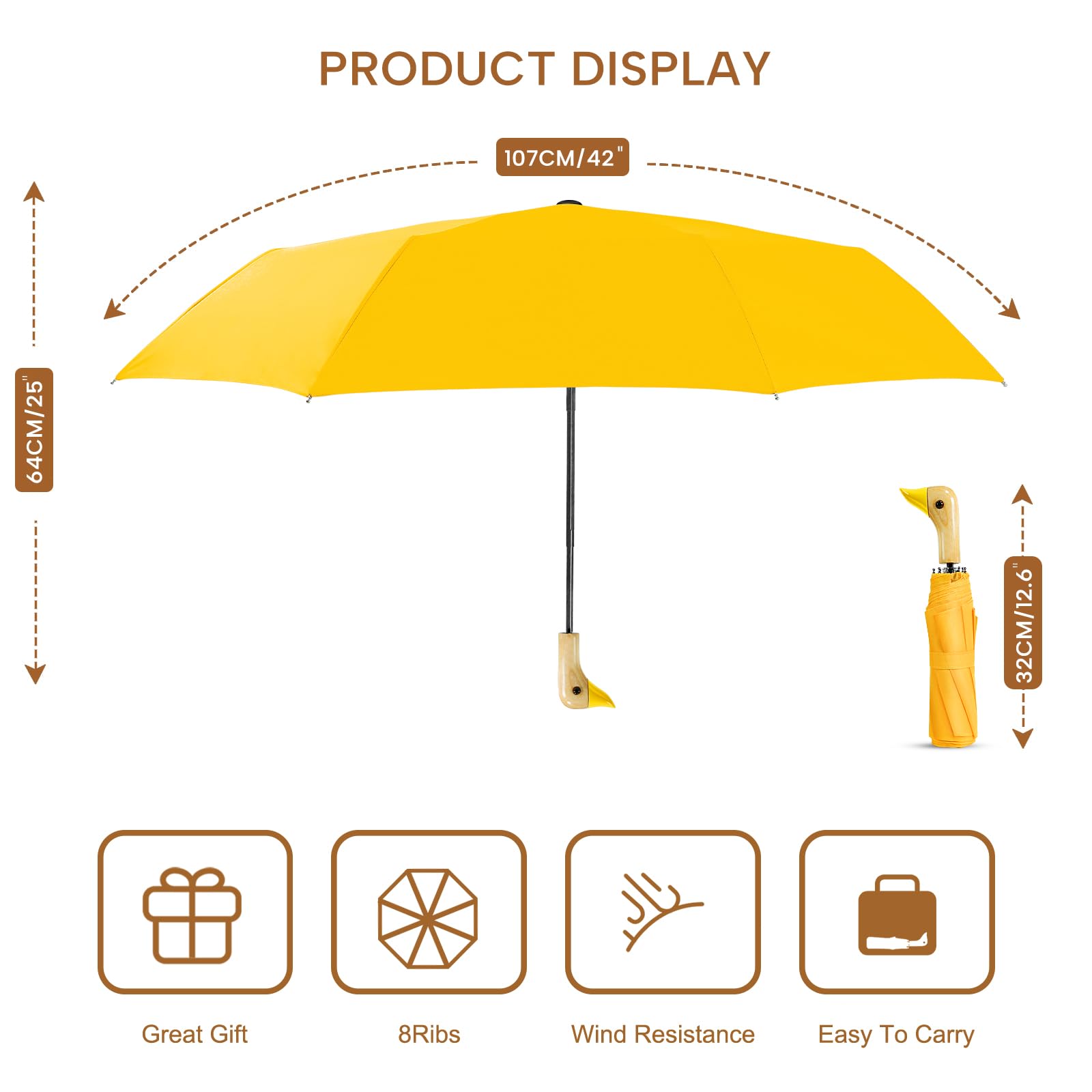Paraguas pequeñas compactas para lluvia y sol, paraguas de cabeza de pato de diseño lindo para regalos de niñas, paraguas plegable de 8 varillas con mango de madera, 01. Amarillo 2
