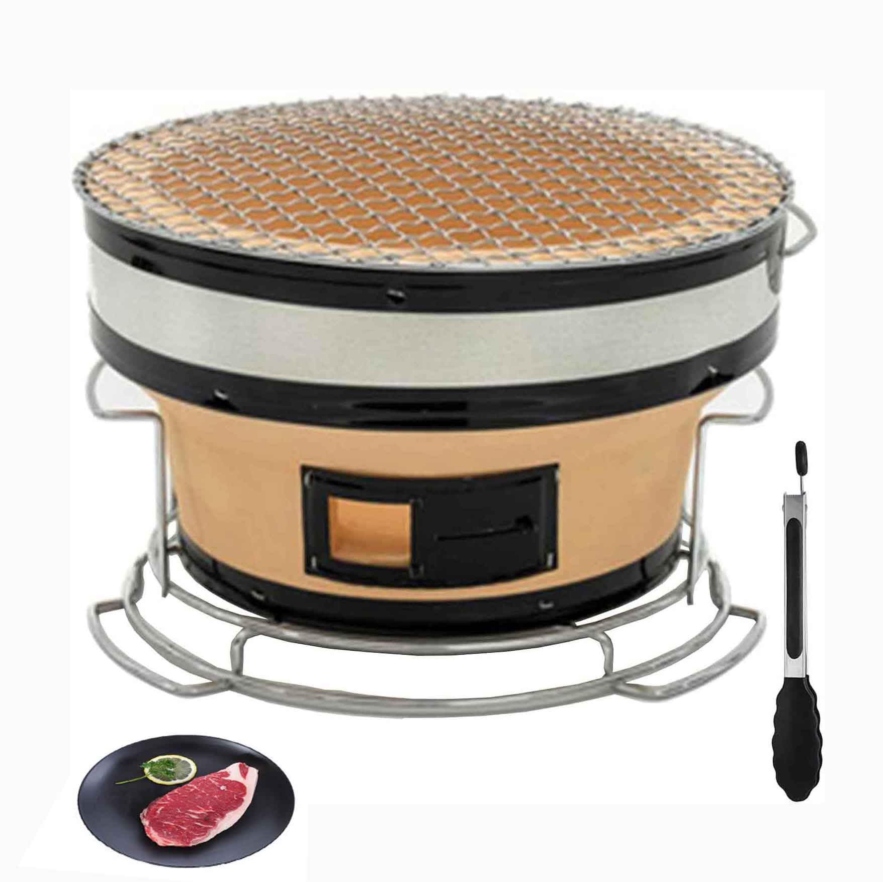 Grill na węgiel drzewny, japoński ceramiczny okrągły grill stołowy z szczypcami do żywności na kemping i gotowanie na świeżym powietrzu