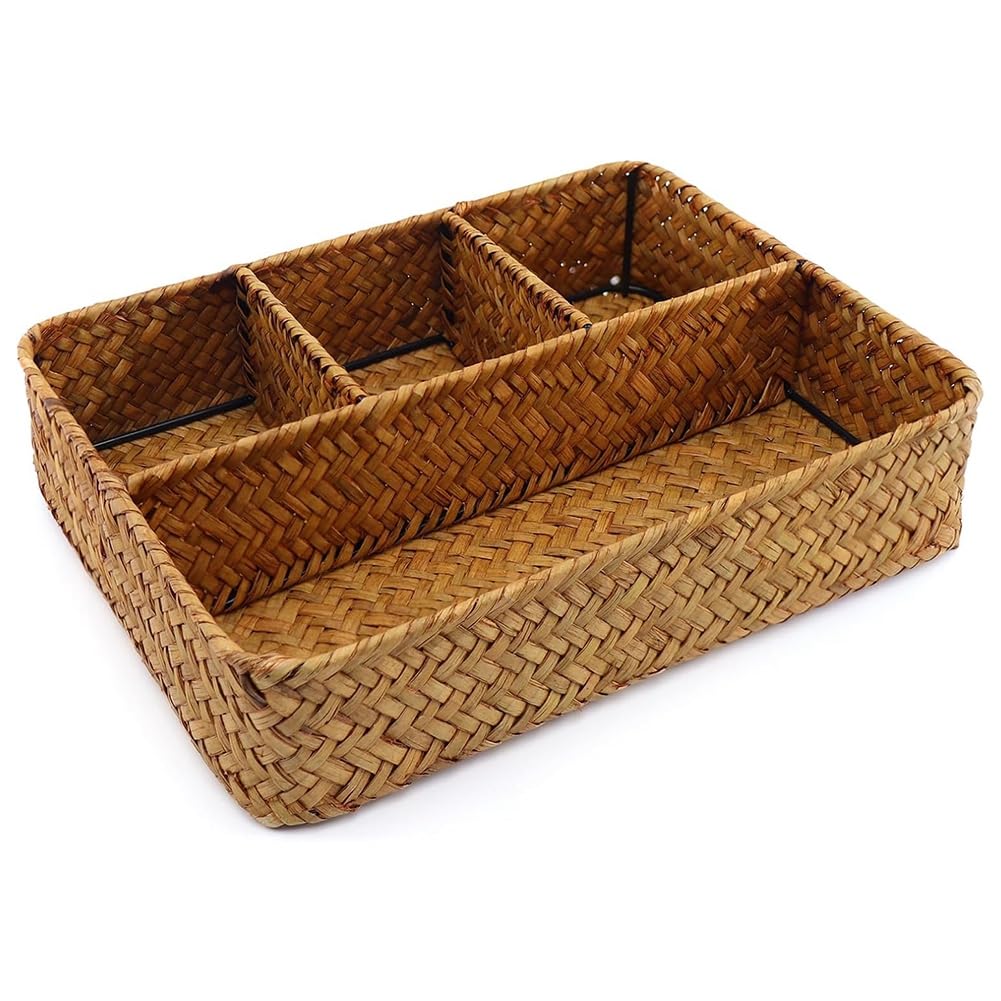 Hndhbfgrt Wicker Basket 4-Section Tea Bag Sugar Packet Holder Seagrass Woven Organizer for Coffee Station Pantry
