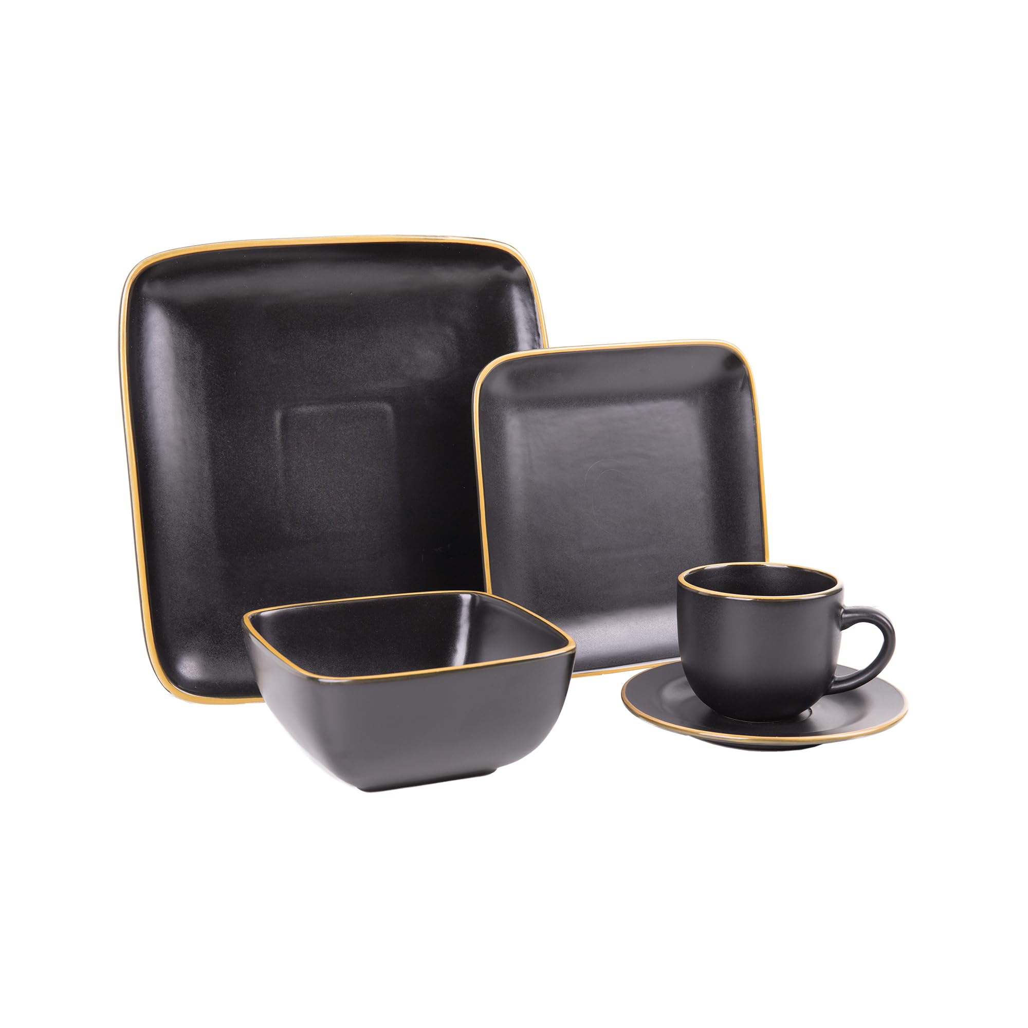 Cofan Czarna zastawa stołowa z kwadratową ceramiką, 20-częściowa, czarna, z krawędzią w stylu vintage, nadaje się do zmywarki, kuchenki mikrofalowej i piekarnika