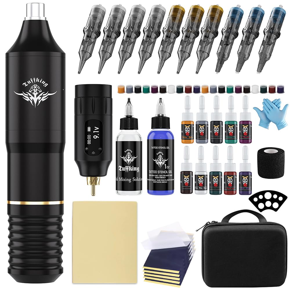 Kit penna tatuaggio wireless - Set macchinetta rotativa per tatuaggi con alimentatore 1300mAh, display LCD, tensione regolabile 4-12V, tipo C,B